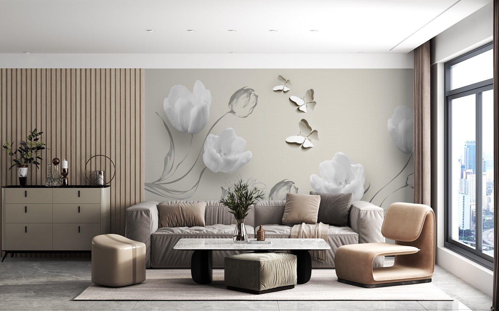 Fototapeta v blízkosti sú čisté strieborné tulipány a motýle