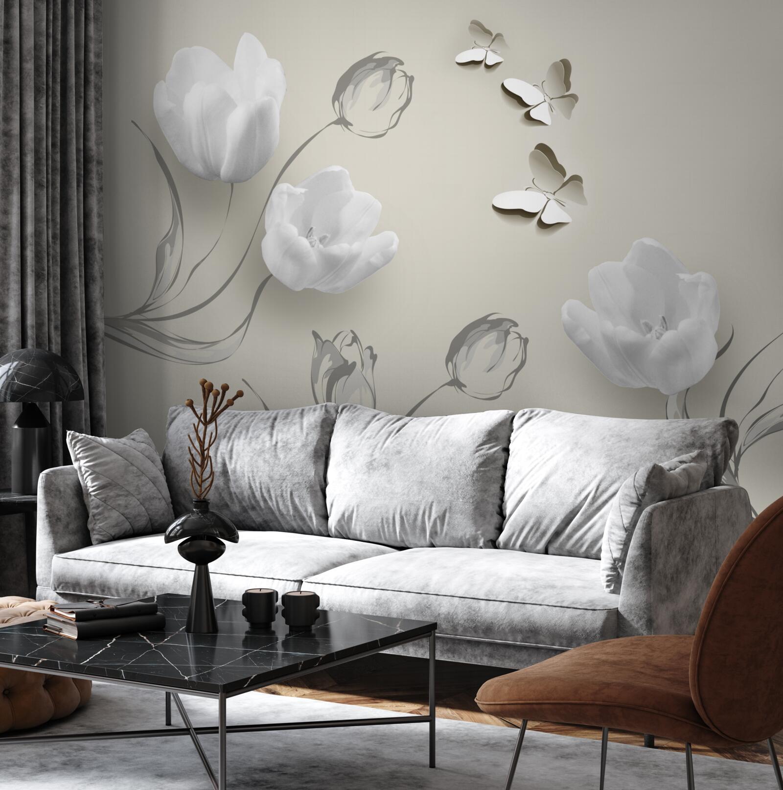 Fototapeta v blízkosti sú čisté strieborné tulipány a motýle