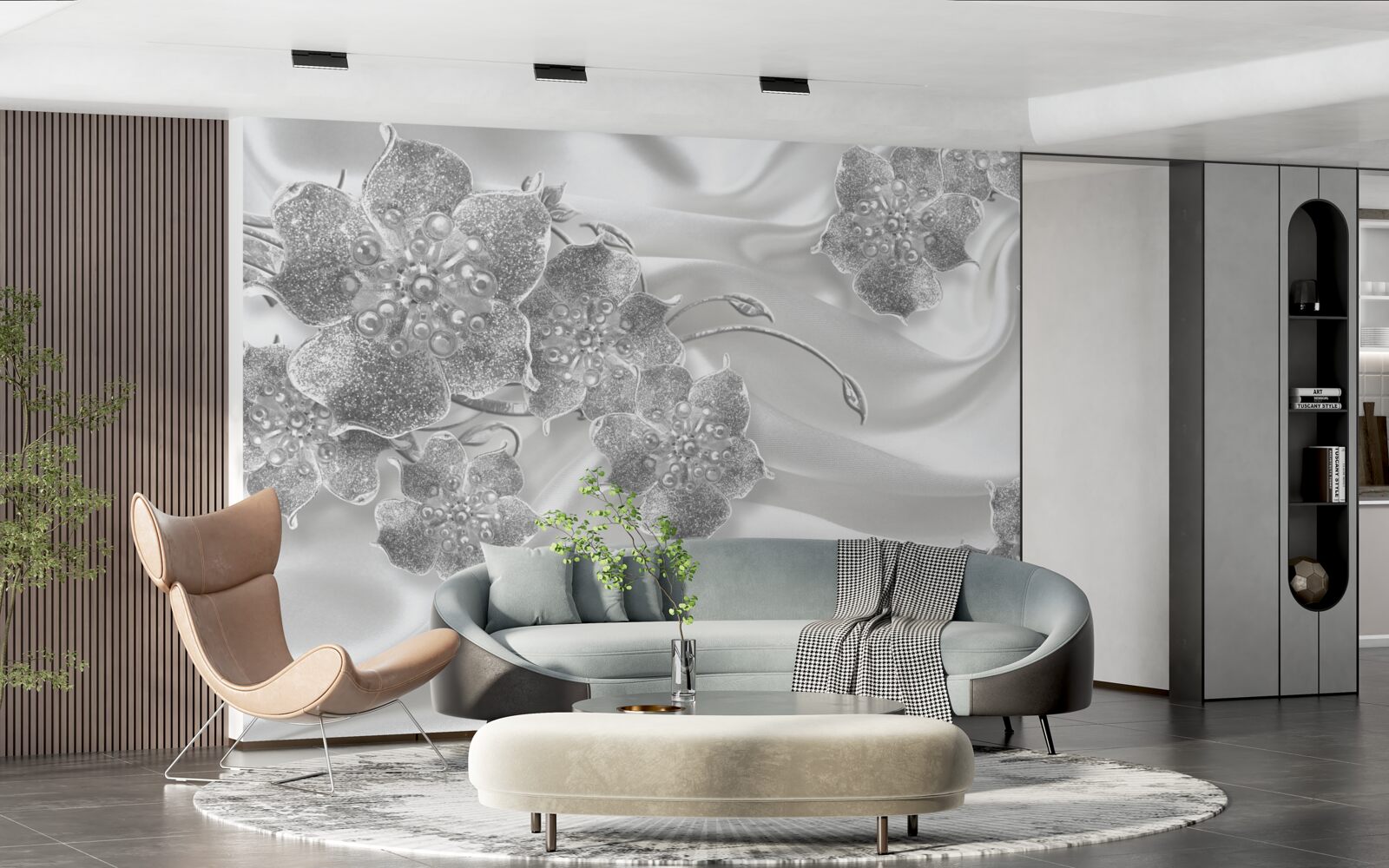 Fototapeta biely saténový materiál so sivými kvetmi