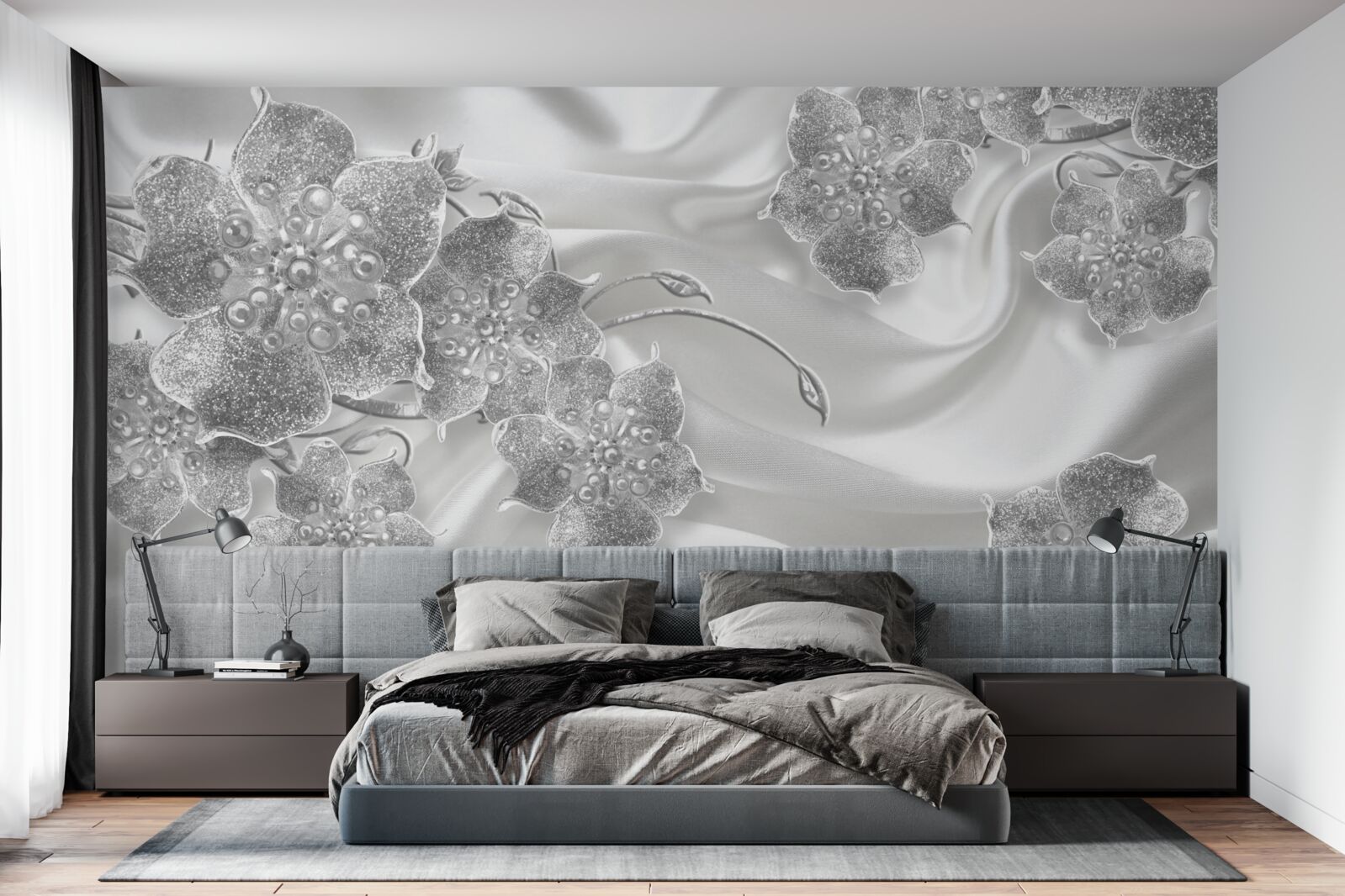 Fototapeta biely saténový materiál so sivými kvetmi