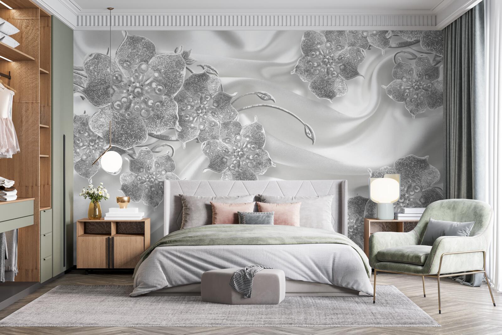 Fototapeta biely saténový materiál so sivými kvetmi