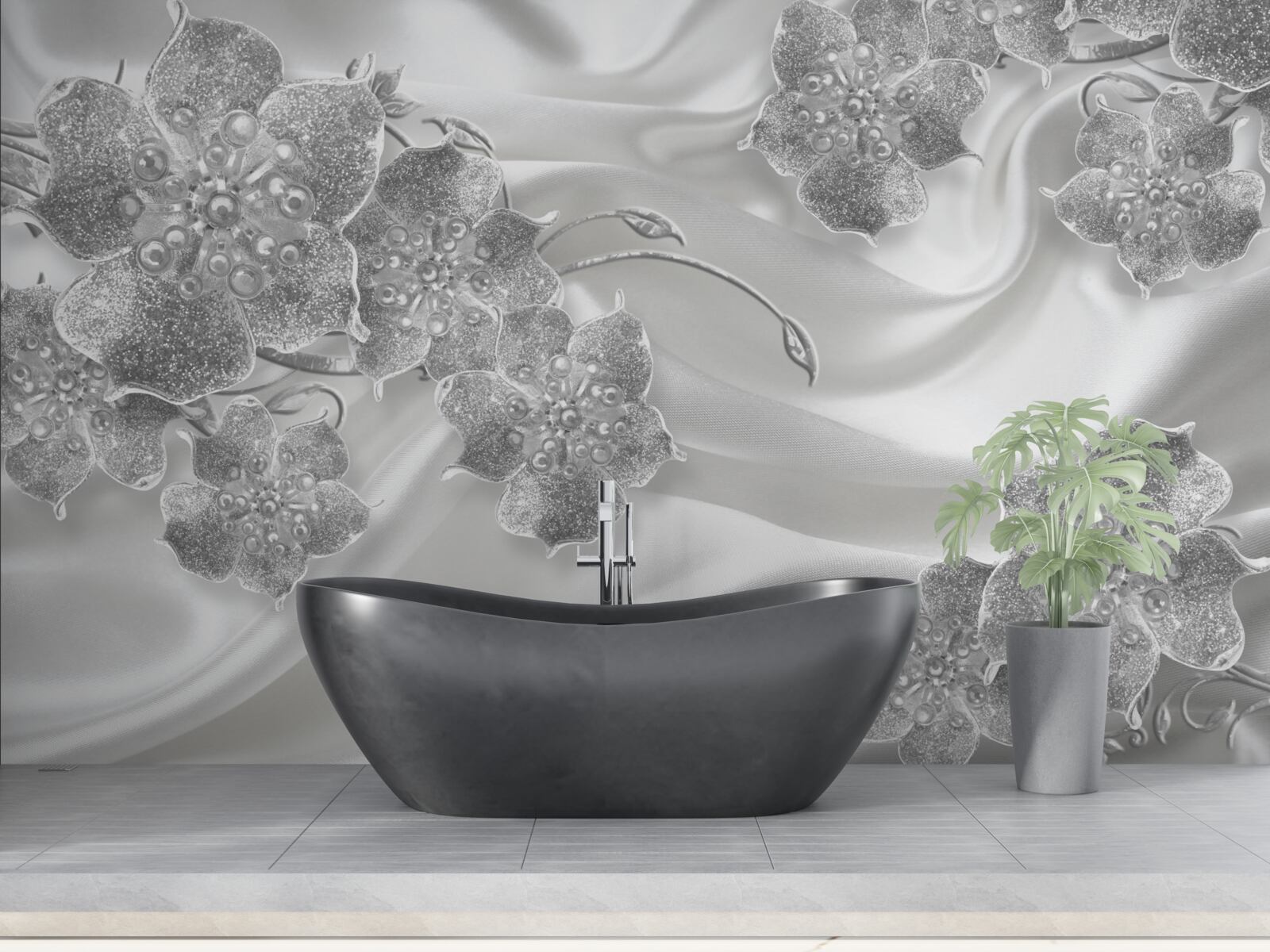 Fototapeta biely saténový materiál so sivými kvetmi