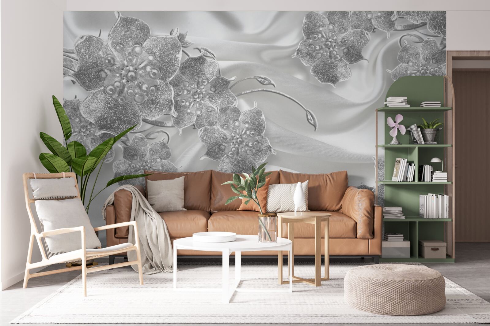 Fototapeta biely saténový materiál so sivými kvetmi