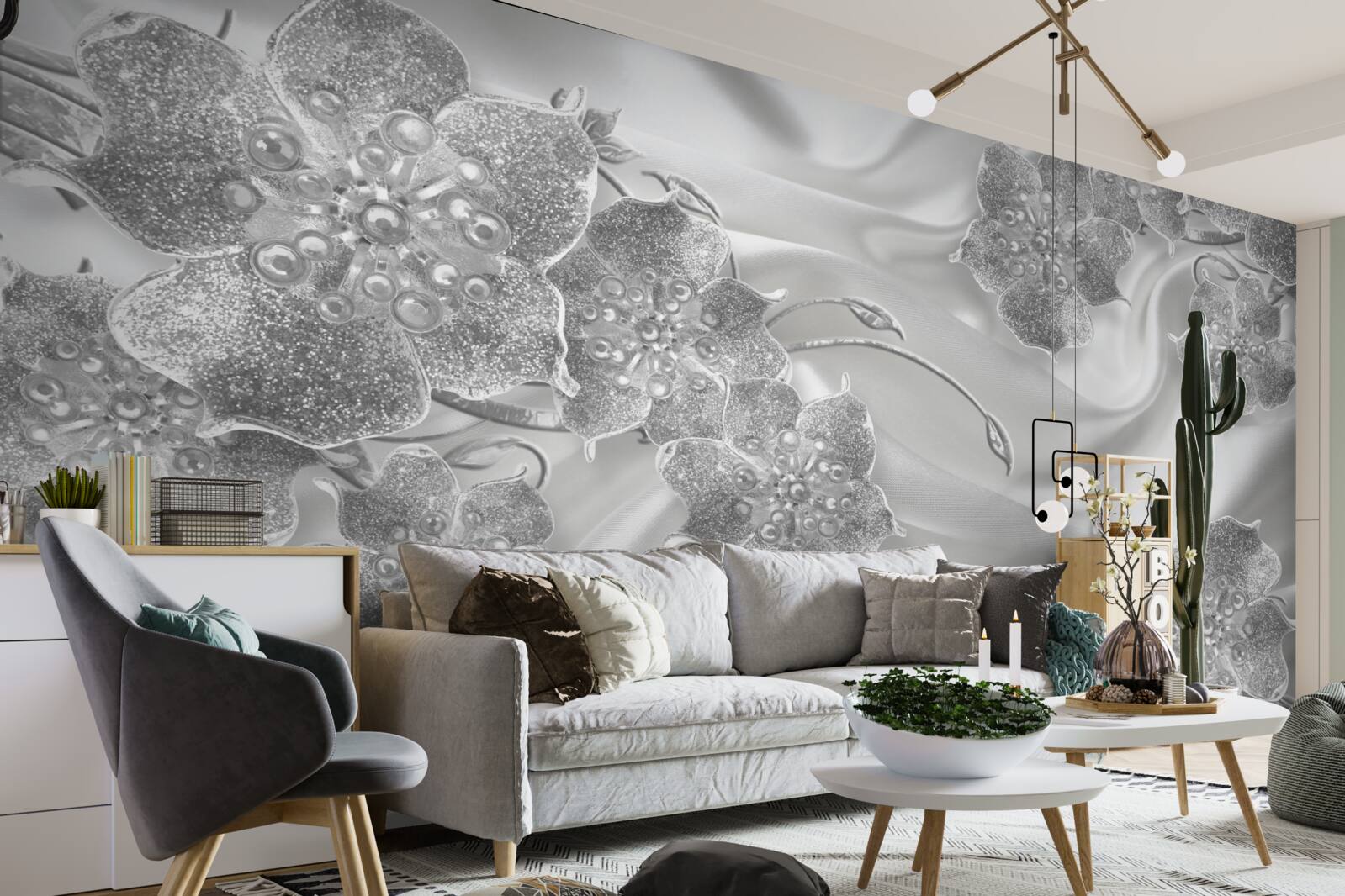 Fototapeta biely saténový materiál so sivými kvetmi