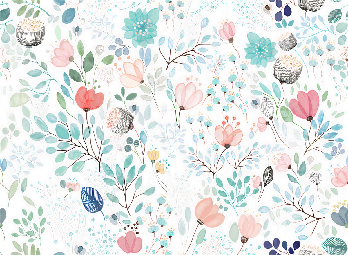 Fototapeta akvarelové kvety a listy v jemných odtieňoch