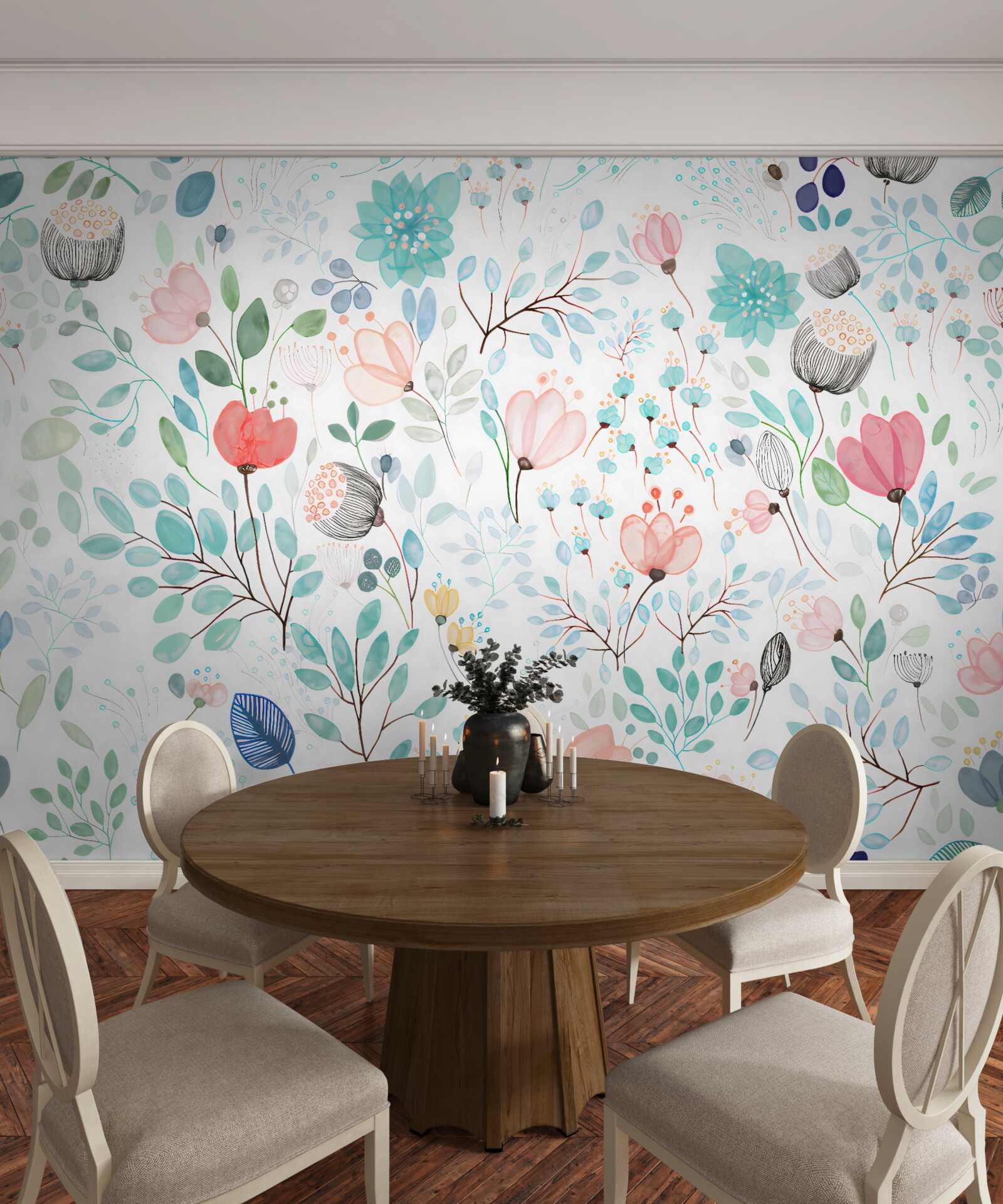 Fototapeta akvarelové kvety a listy v jemných odtieňoch