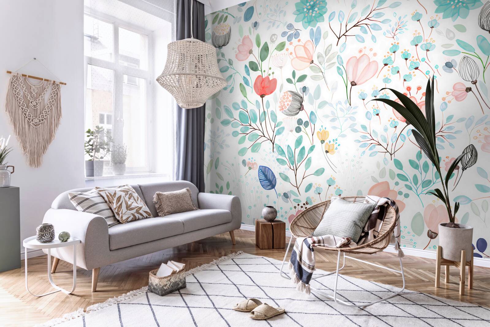 Fototapeta akvarelové kvety a listy v jemných odtieňoch