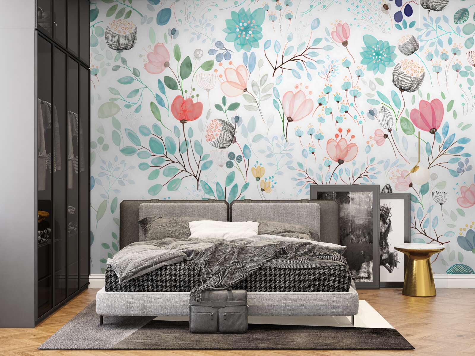 Fototapeta akvarelové kvety a listy v jemných odtieňoch