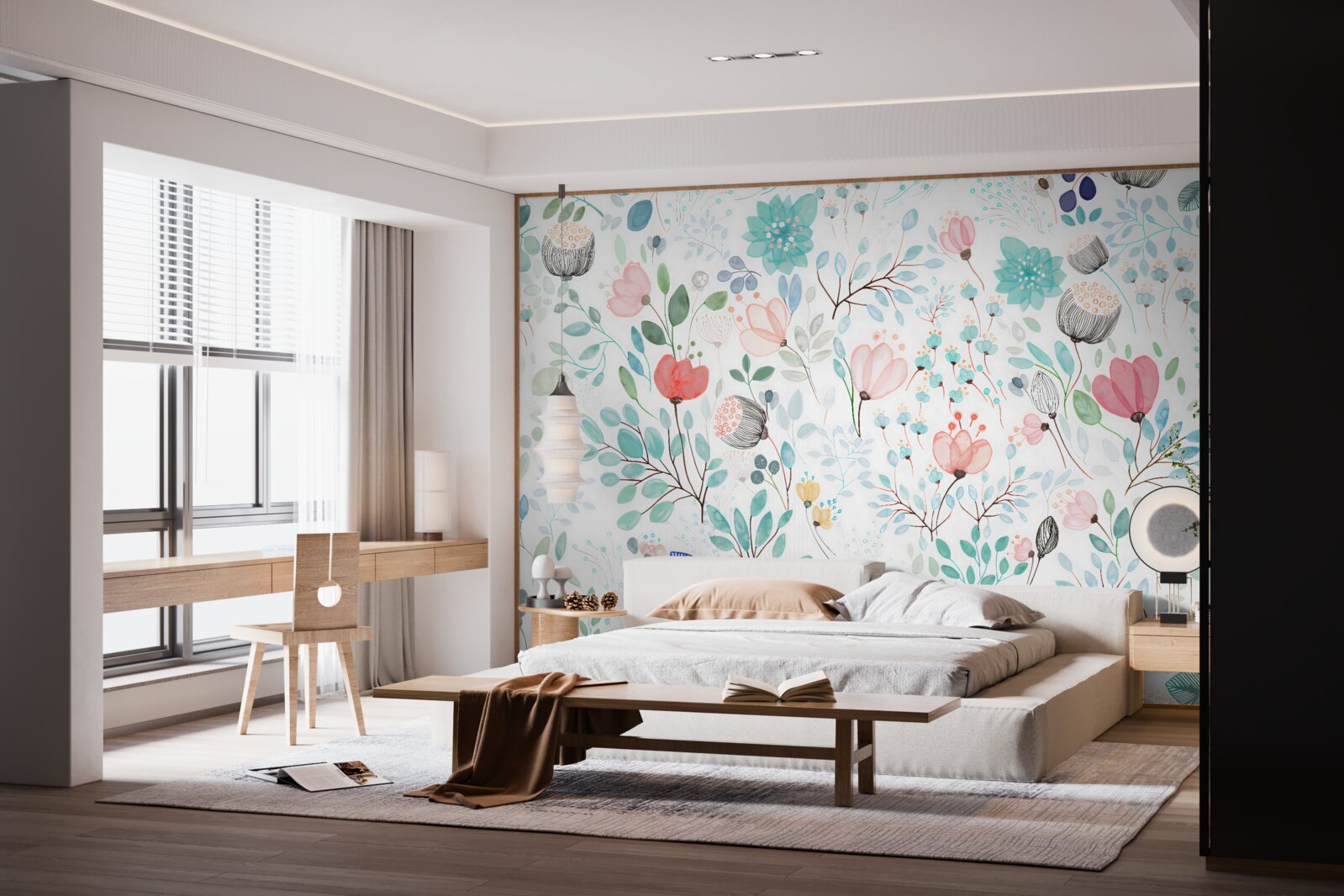 Fototapeta akvarelové kvety a listy v jemných odtieňoch