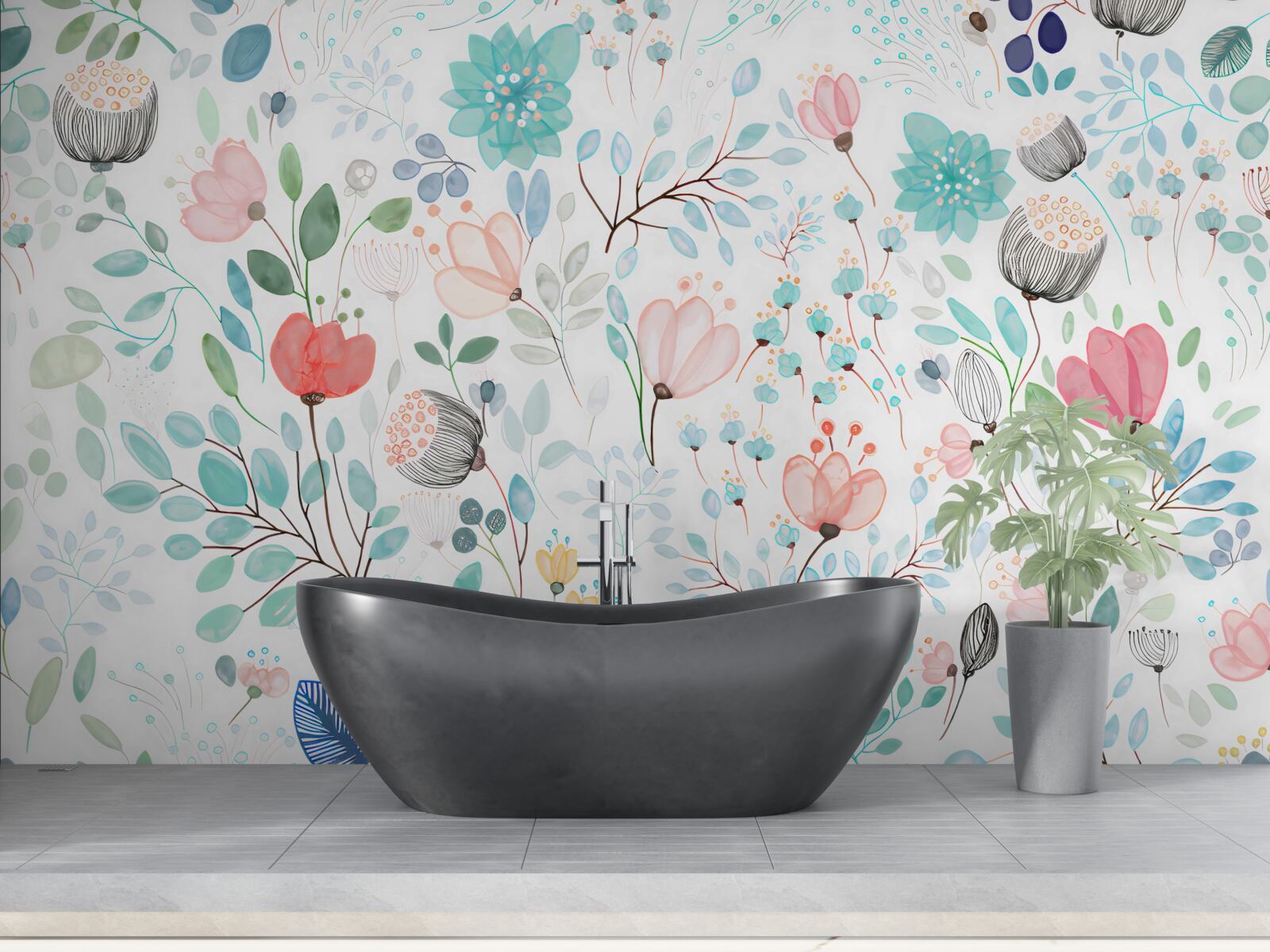 Fototapeta akvarelové kvety a listy v jemných odtieňoch