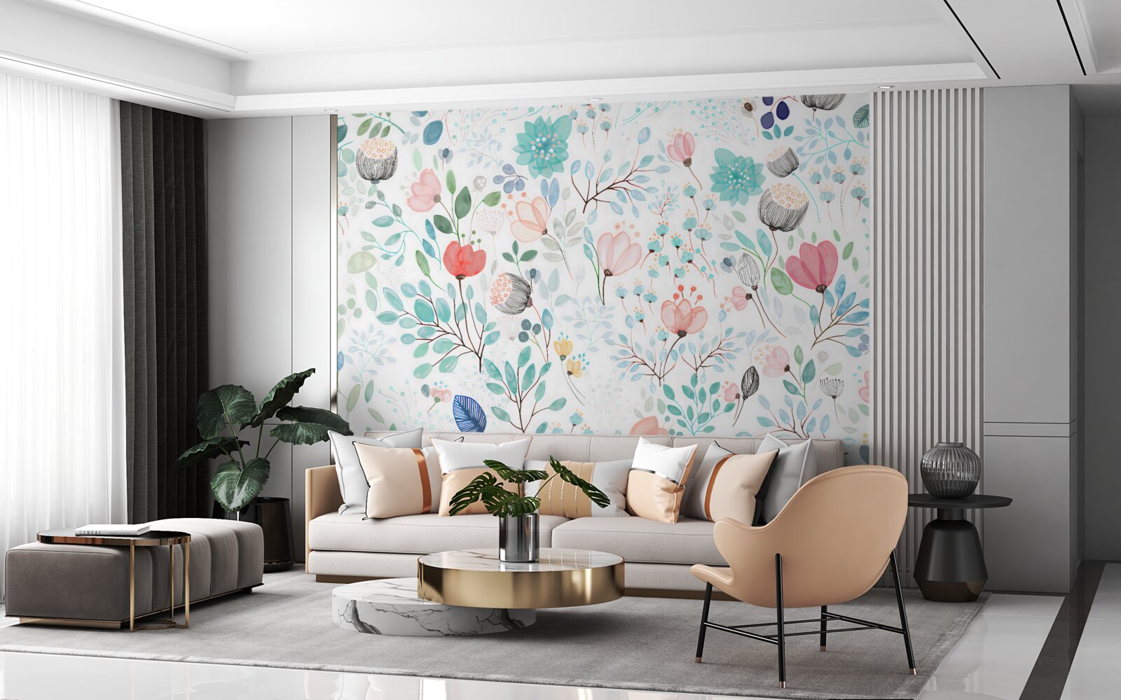 Fototapeta akvarelové kvety a listy v jemných odtieňoch