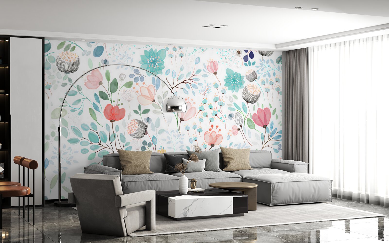 Fototapeta akvarelové kvety a listy v jemných odtieňoch