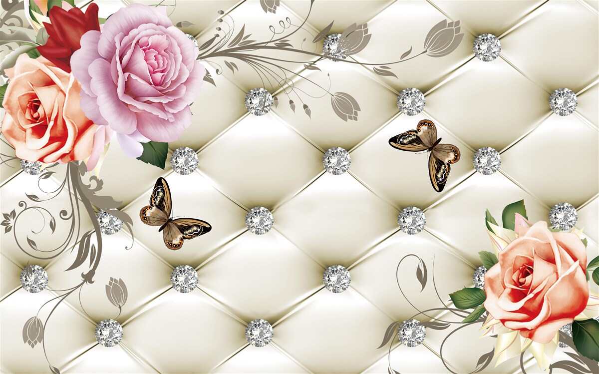 Fototapeta Stena zdobená ružami a motýľmi na bielom, prešívanom pozadí