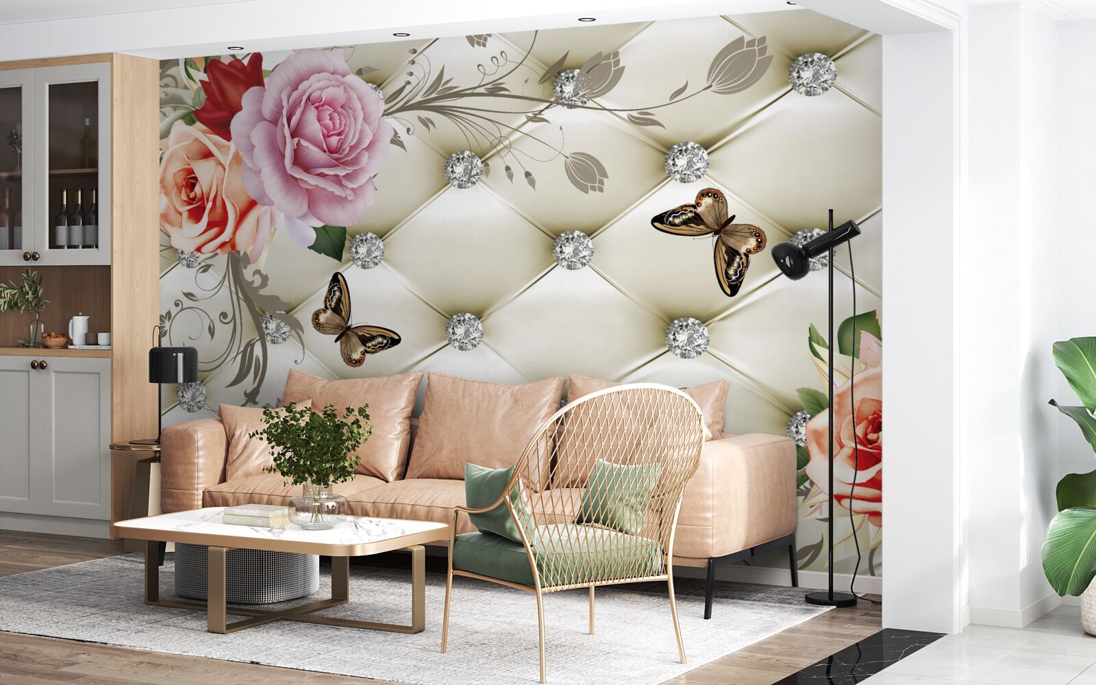 Fototapeta Stena zdobená ružami a motýľmi na bielom, prešívanom pozadí