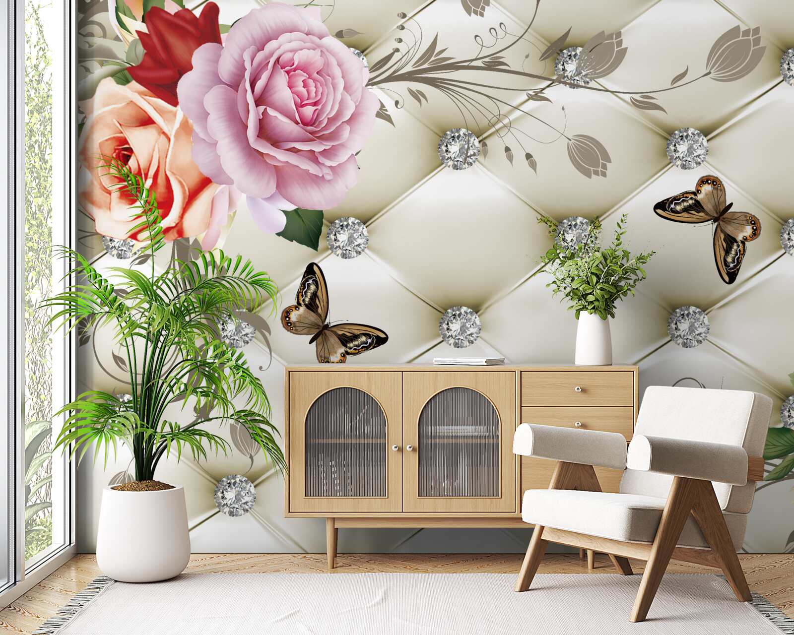 Fototapeta Stena zdobená ružami a motýľmi na bielom, prešívanom pozadí