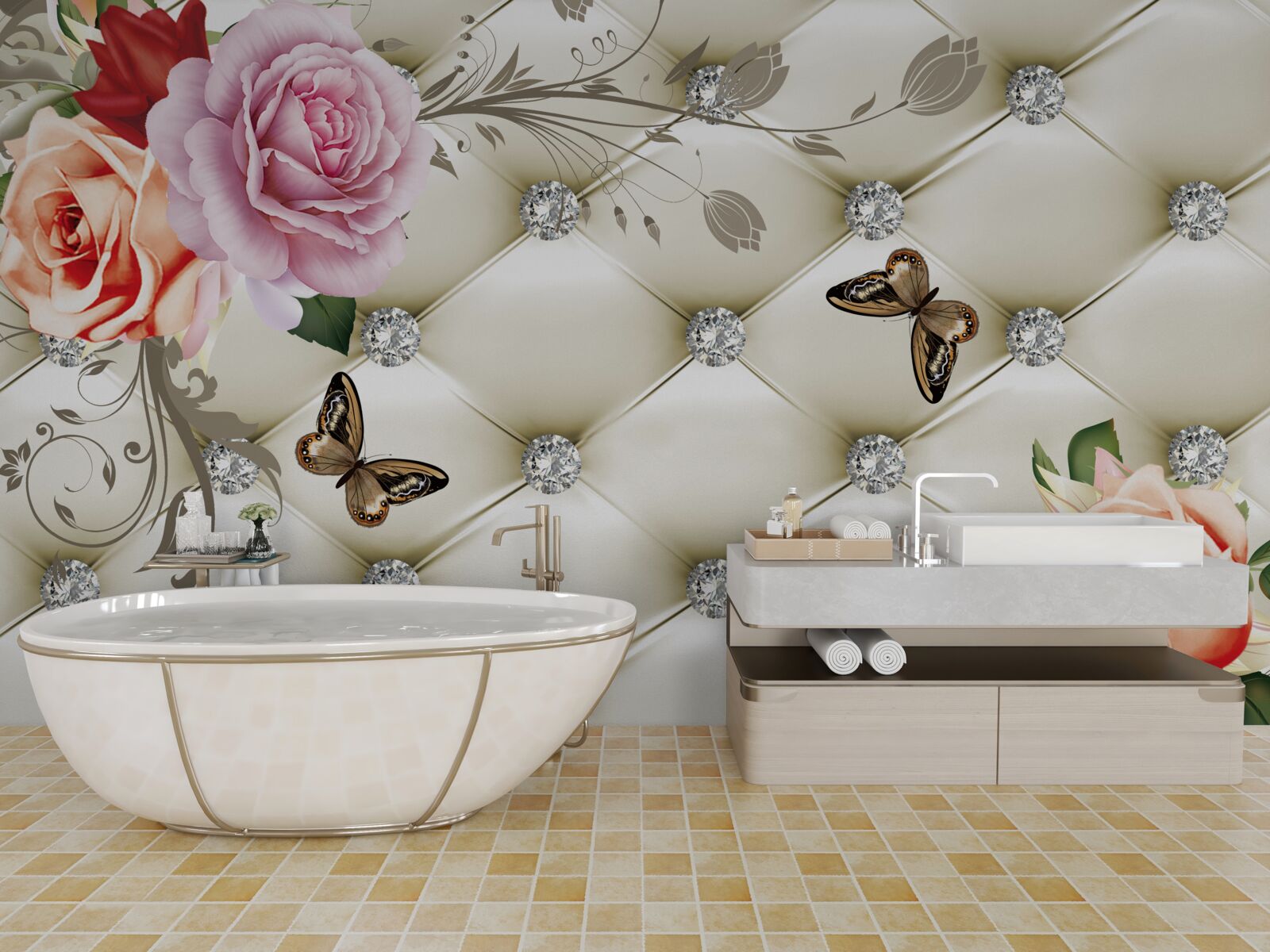 Fototapeta Stena zdobená ružami a motýľmi na bielom, prešívanom pozadí