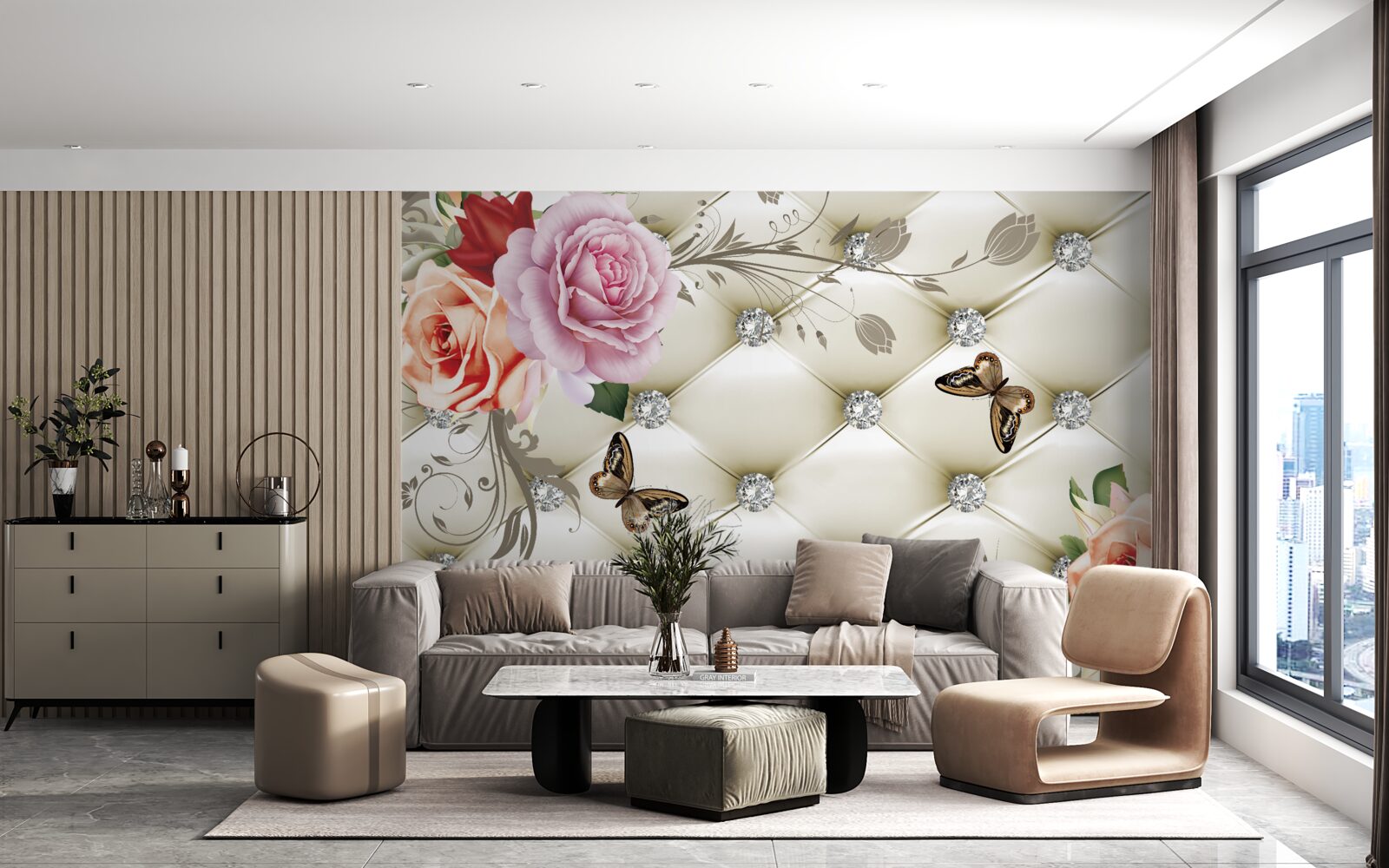 Fototapeta Stena zdobená ružami a motýľmi na bielom, prešívanom pozadí