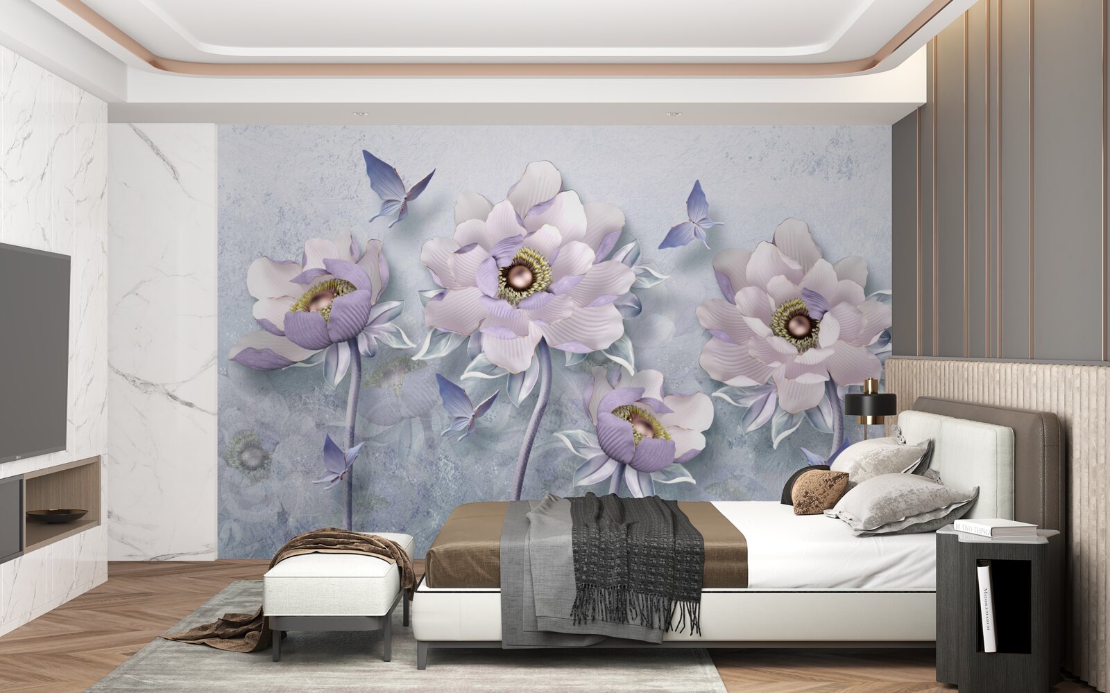 Fototapeta fialové motýle a kvety výnimočnej jemnosti