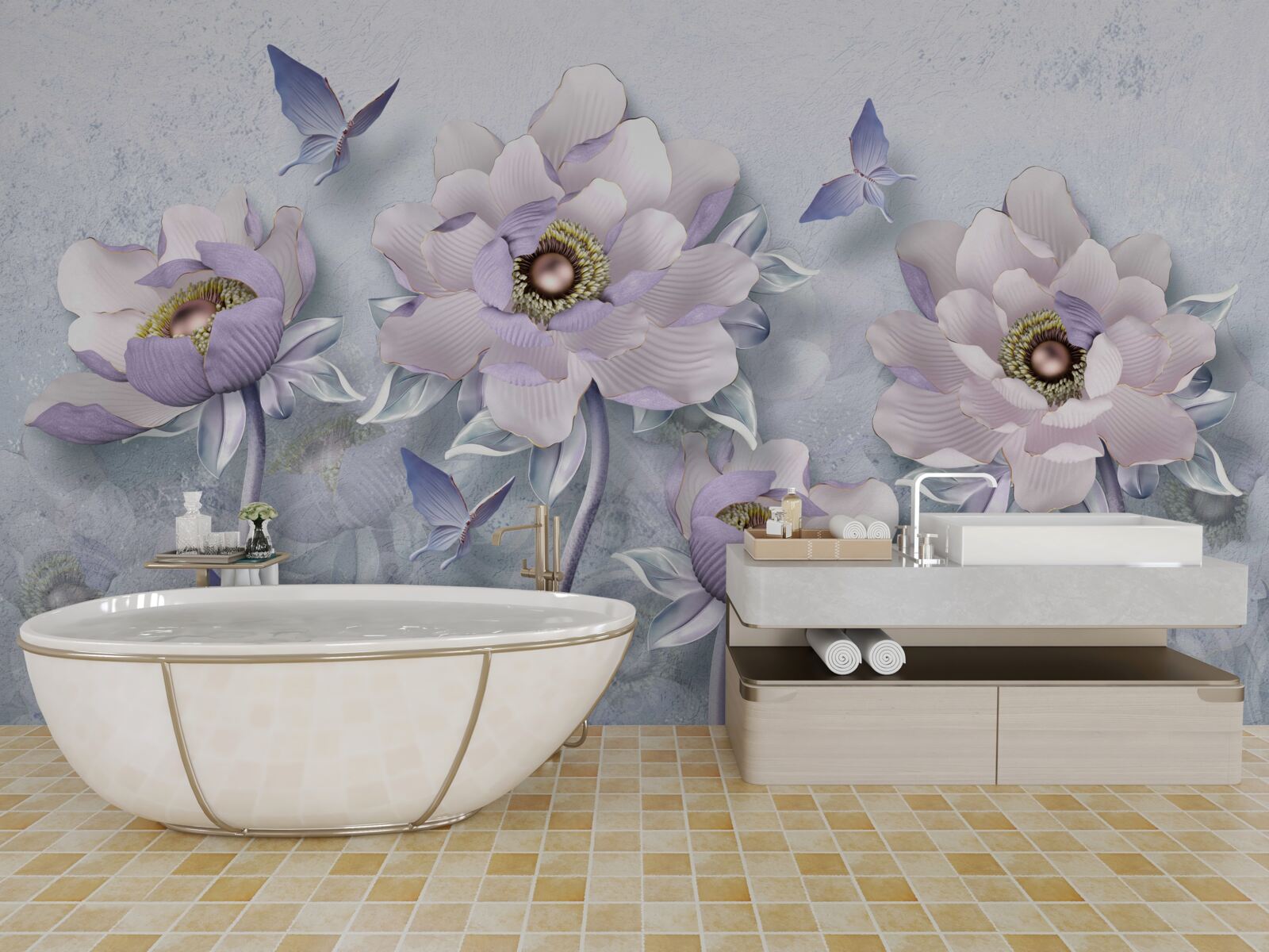 Fototapeta fialové motýle a kvety výnimočnej jemnosti