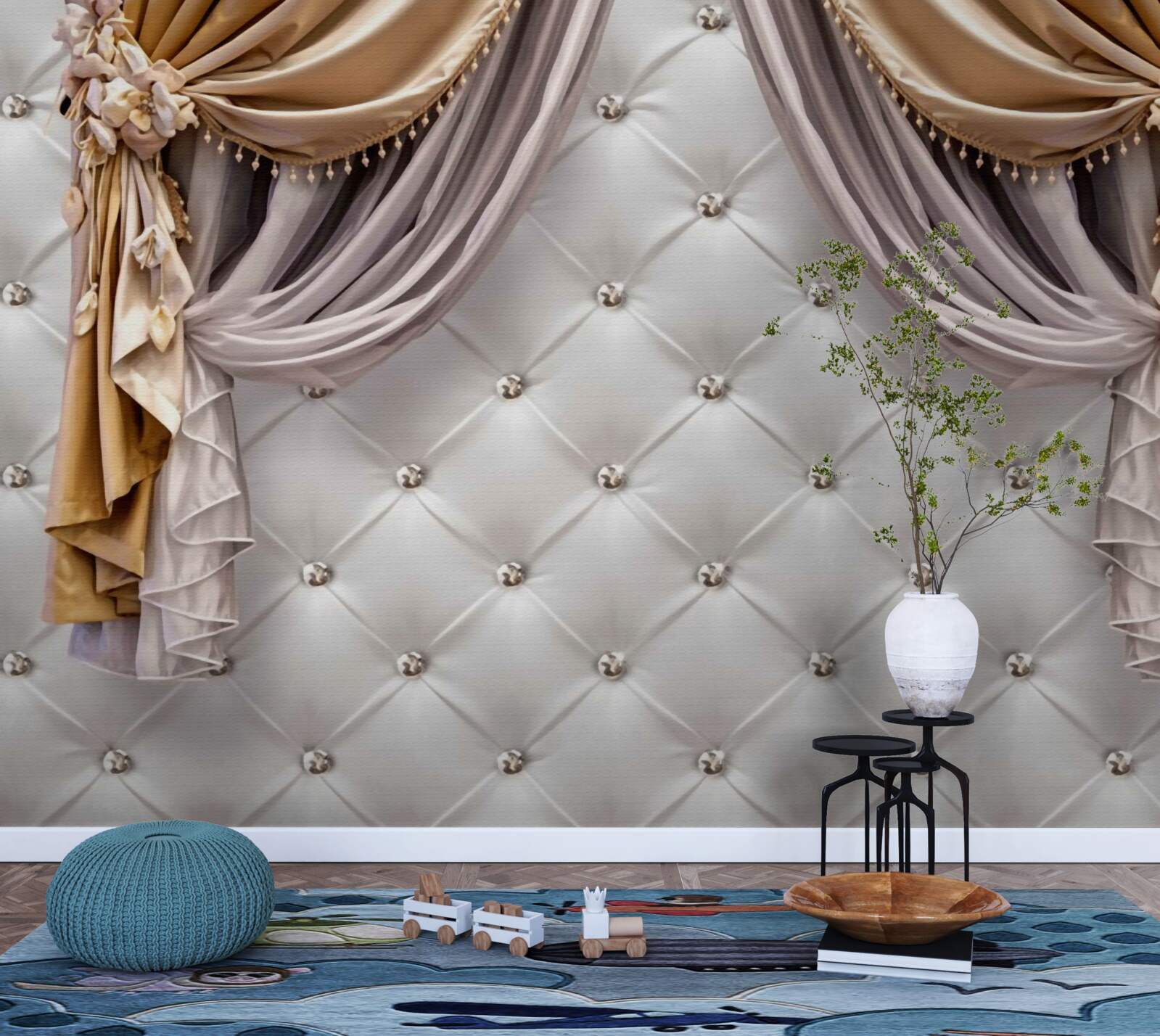 Fototapeta biela prešívaná stena a závesy