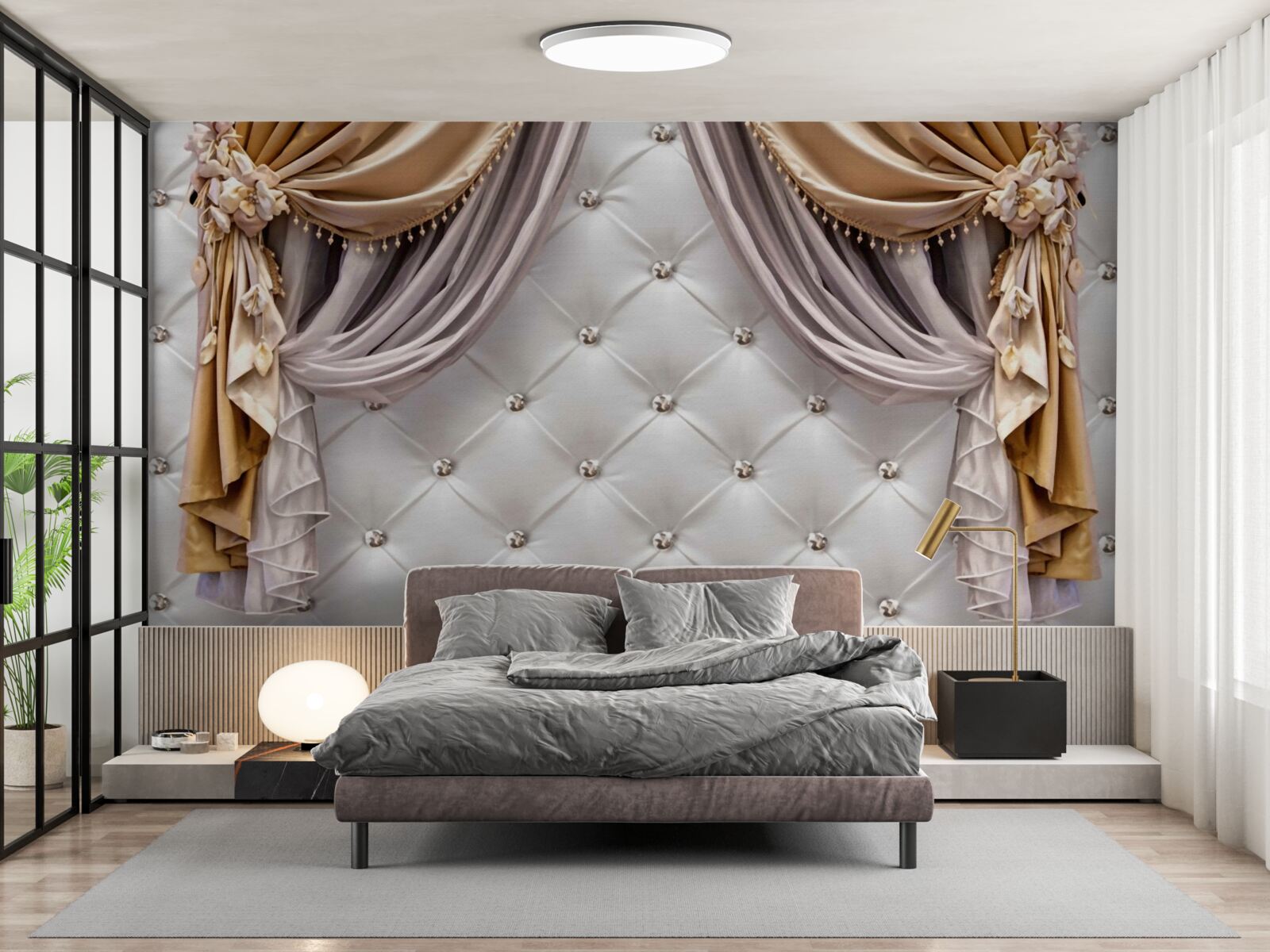 Fototapeta biela prešívaná stena a závesy