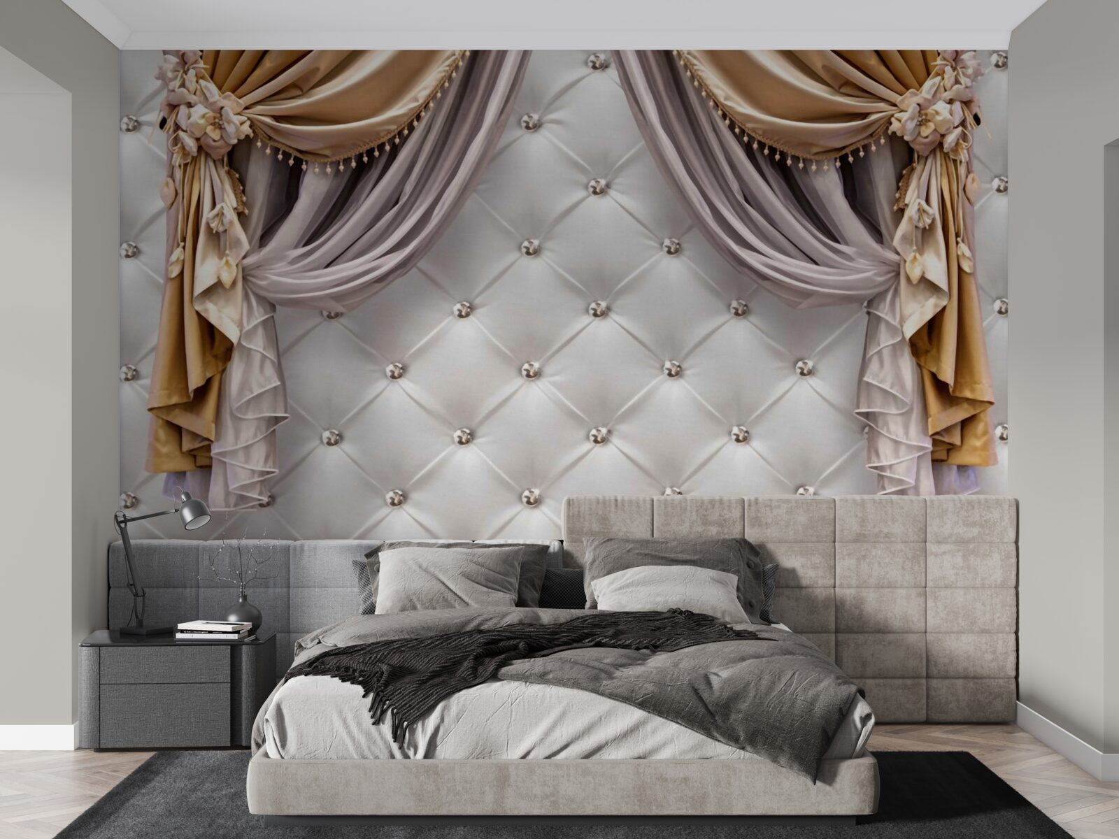 Fototapeta biela prešívaná stena a závesy