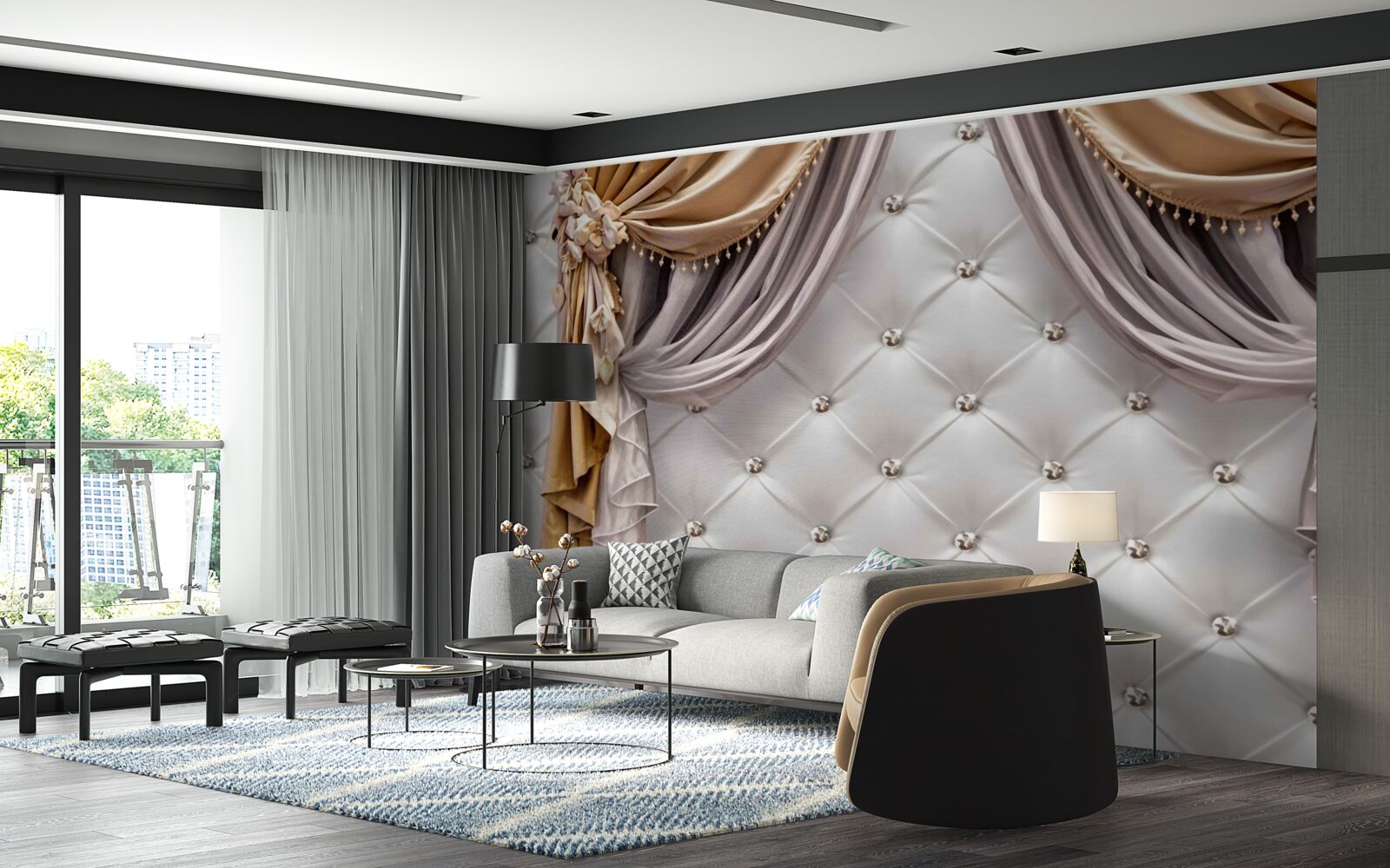 Fototapeta biela prešívaná stena a závesy