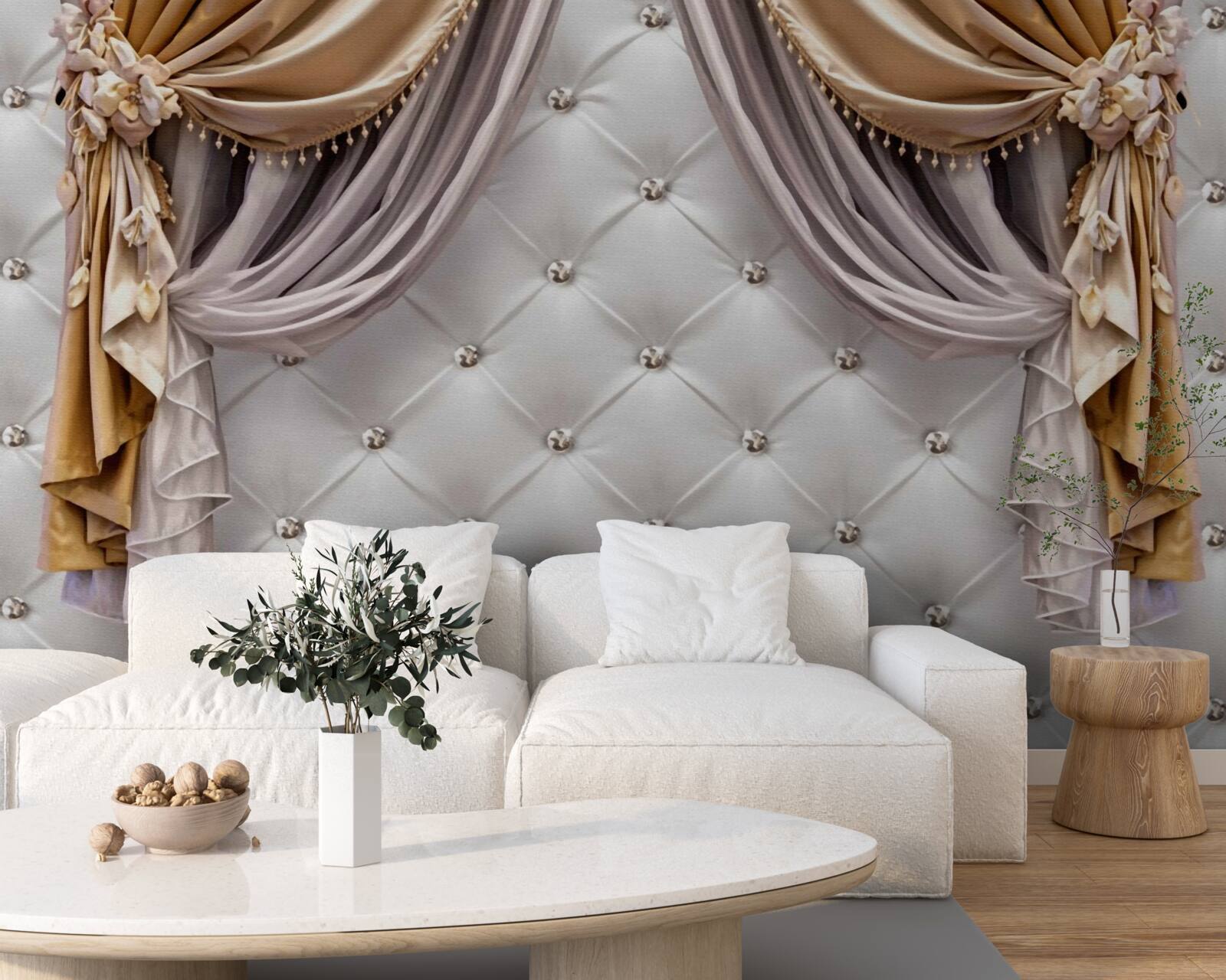 Fototapeta biela prešívaná stena a závesy