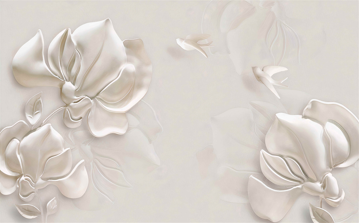 Fototapeta vtáčiky a kvety z bieleho materiálu