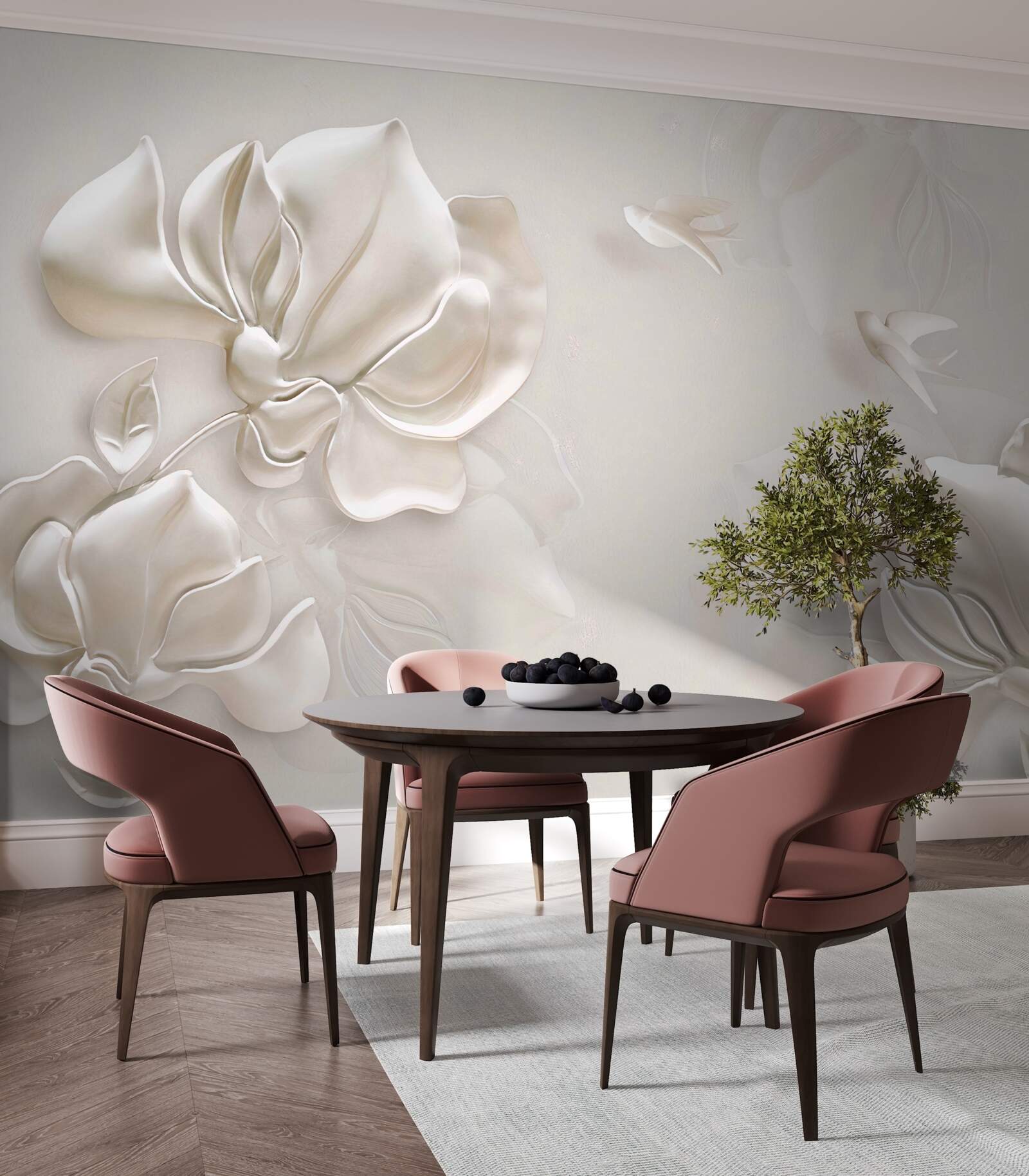 Fototapeta vtáčiky a kvety z bieleho materiálu