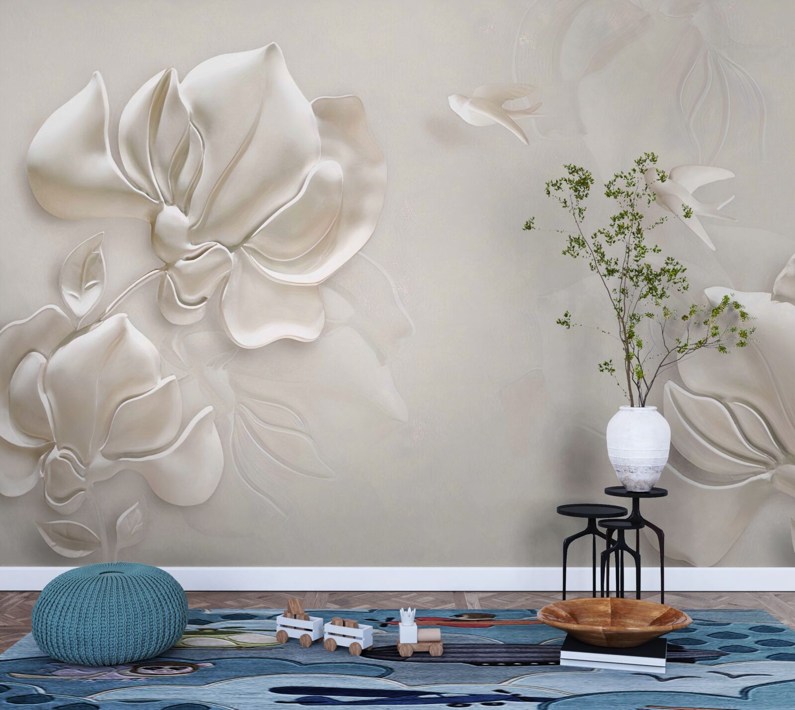 Fototapeta vtáčiky a kvety z bieleho materiálu