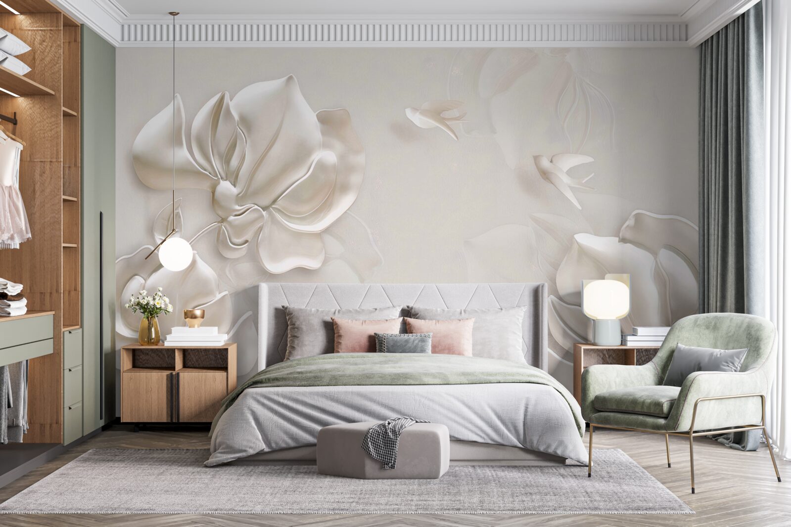 Fototapeta vtáčiky a kvety z bieleho materiálu