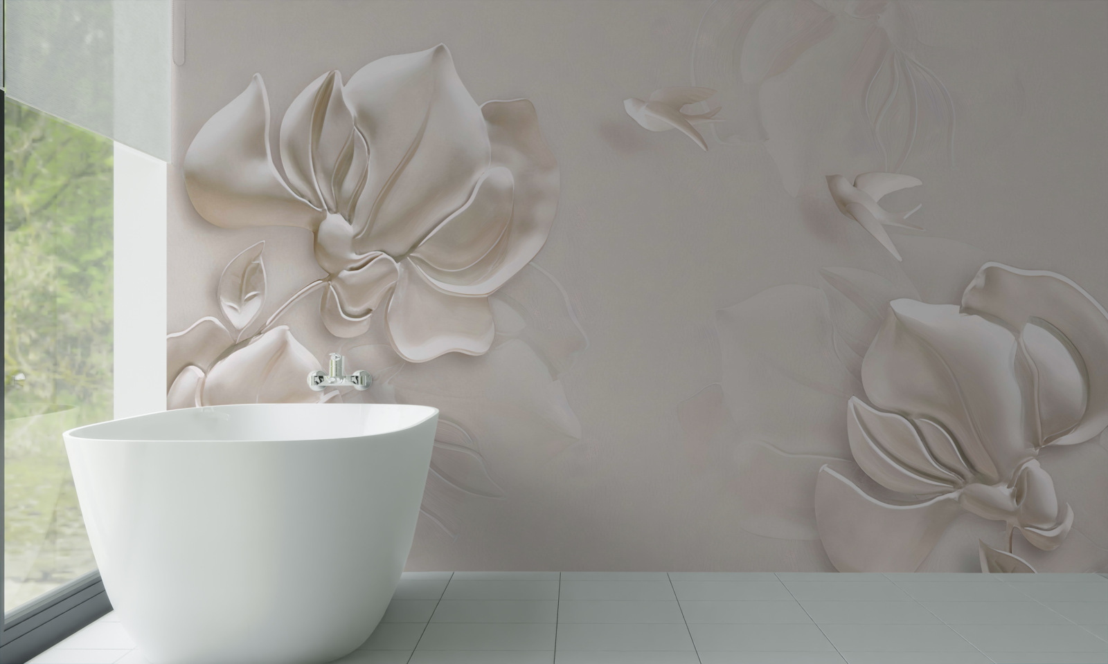 Fototapeta vtáčiky a kvety z bieleho materiálu