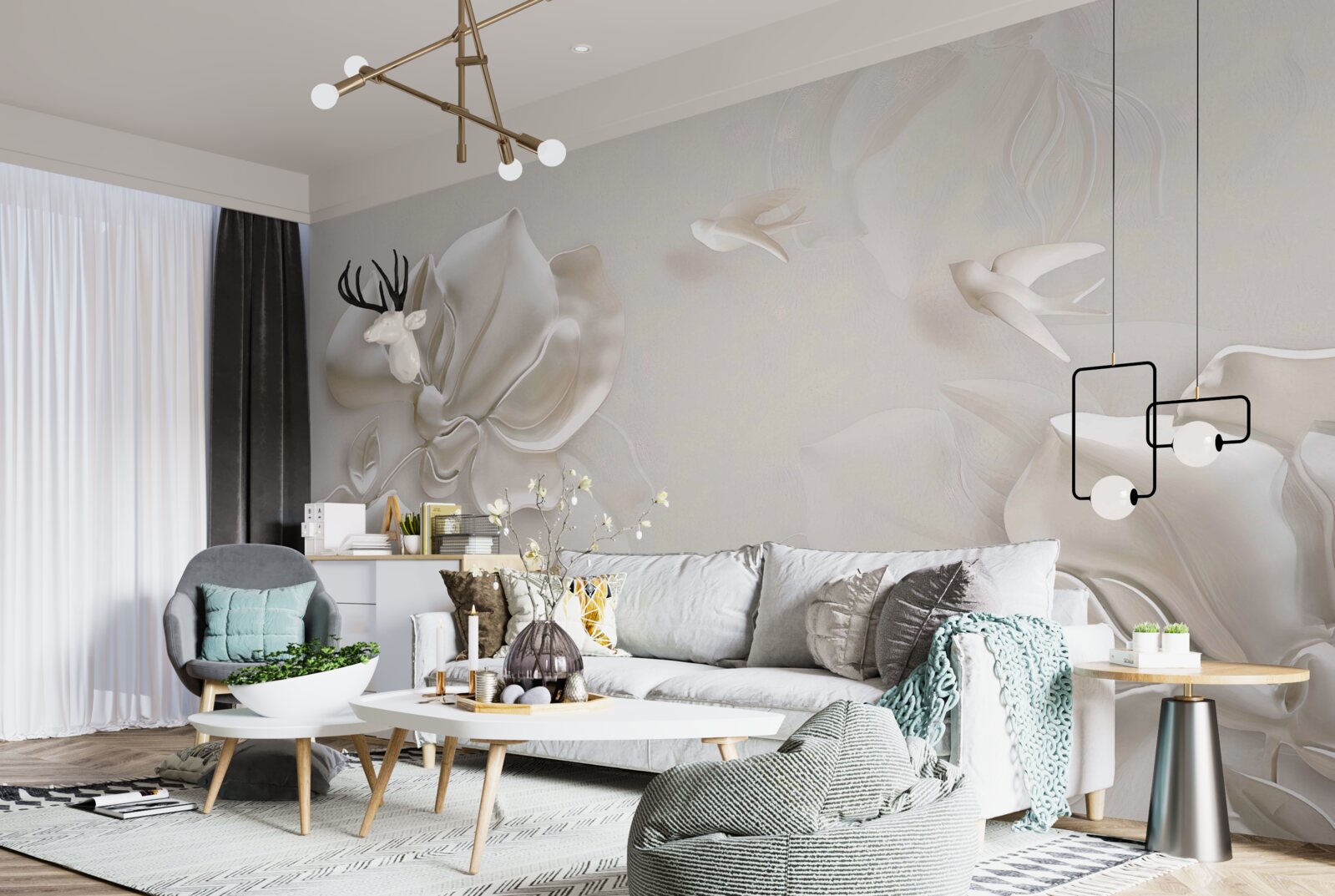 Fototapeta vtáčiky a kvety z bieleho materiálu