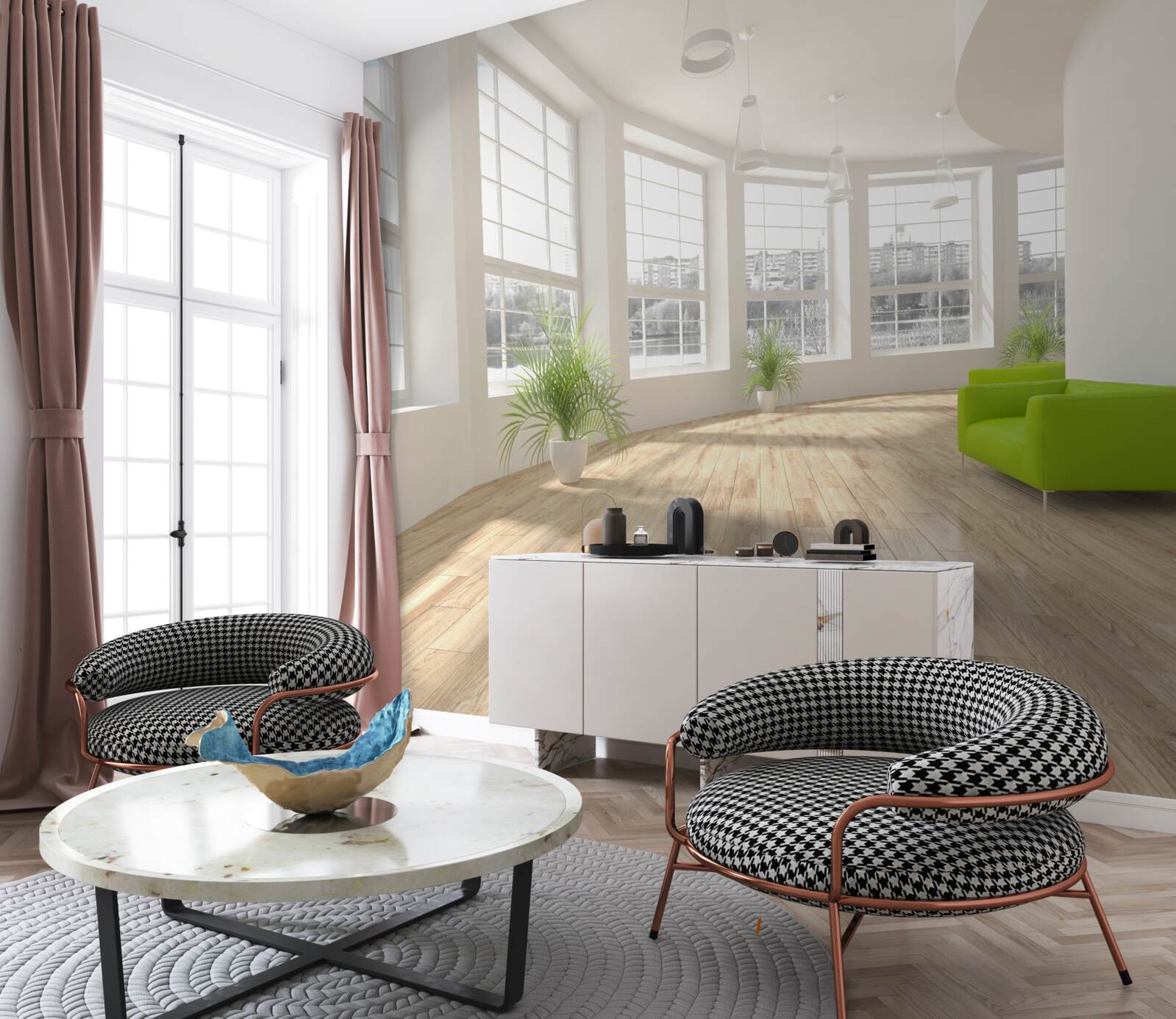 Fototapeta biela chodba s oknami od podlahy až po strop