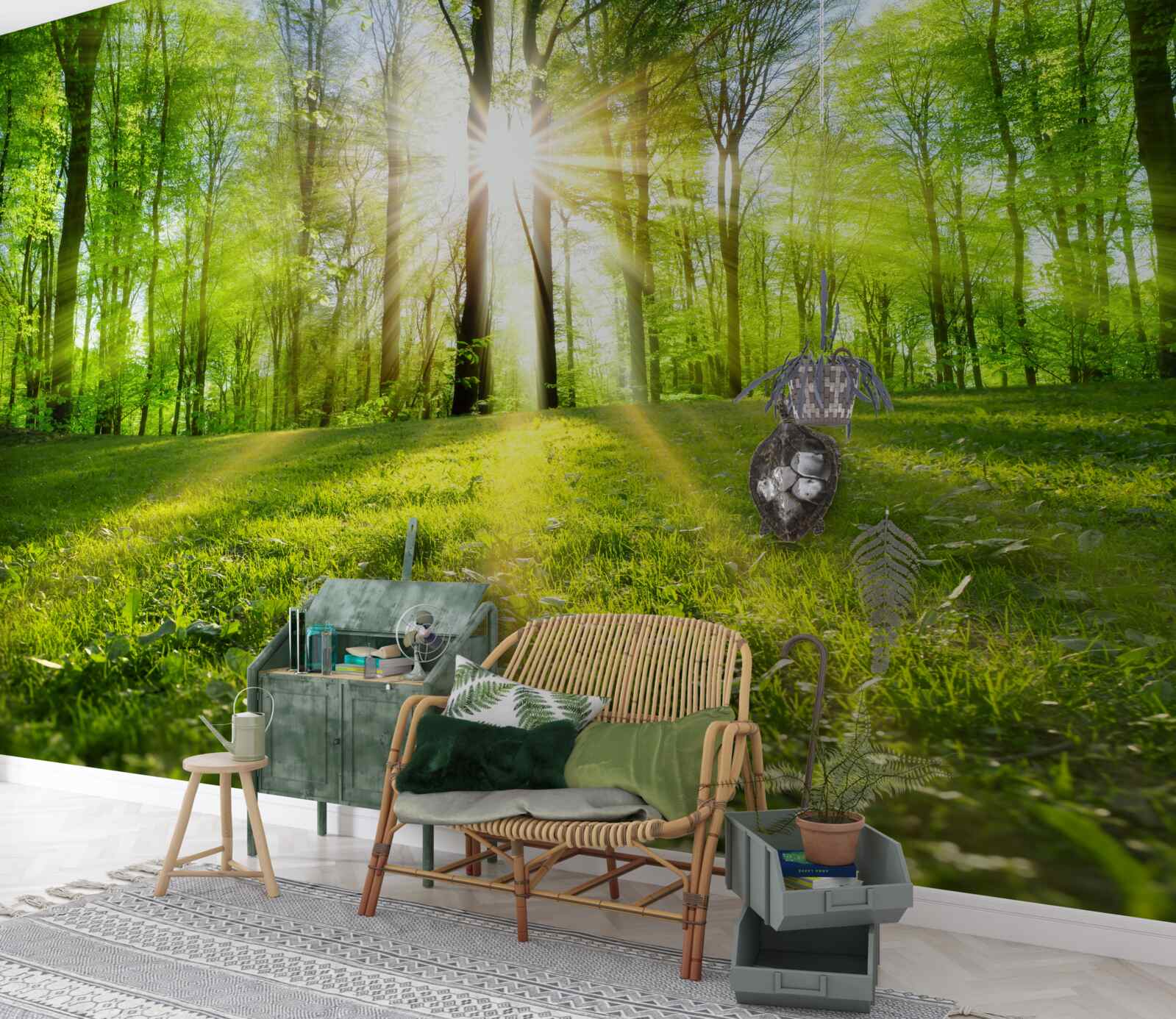 Fototapeta v zelených húštinách lesa vychádza slnko