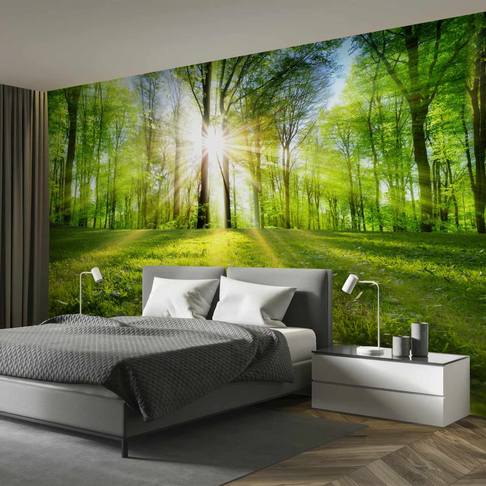 Fototapeta v zelených húštinách lesa vychádza slnko