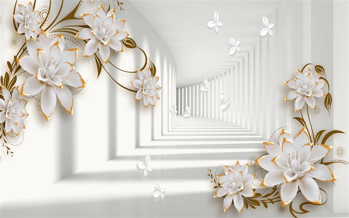 Fototapeta elegantná chodba v odtieňoch bielej, zdobená zlatými kvetmi