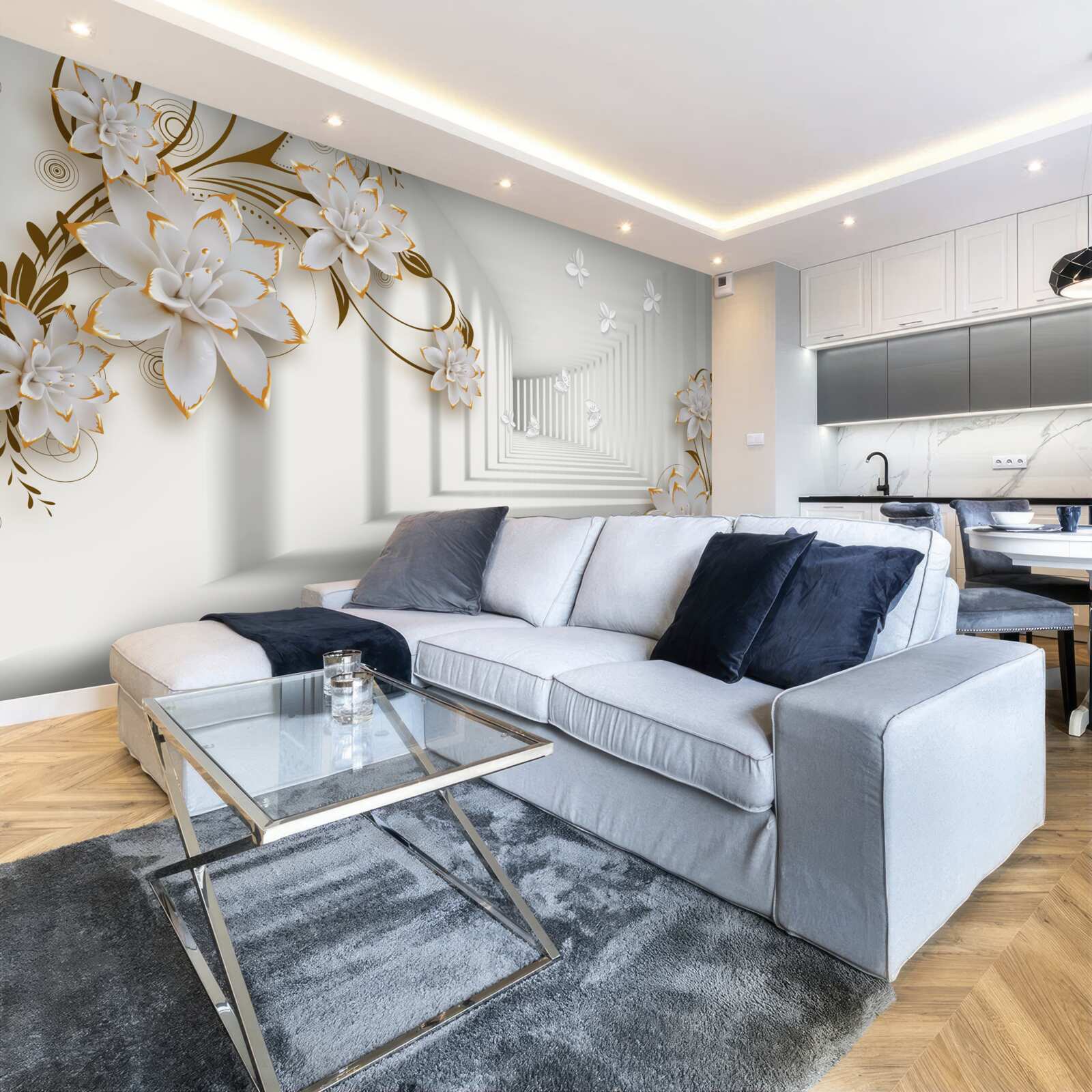 Fototapeta elegantná chodba v odtieňoch bielej, zdobená zlatými kvetmi