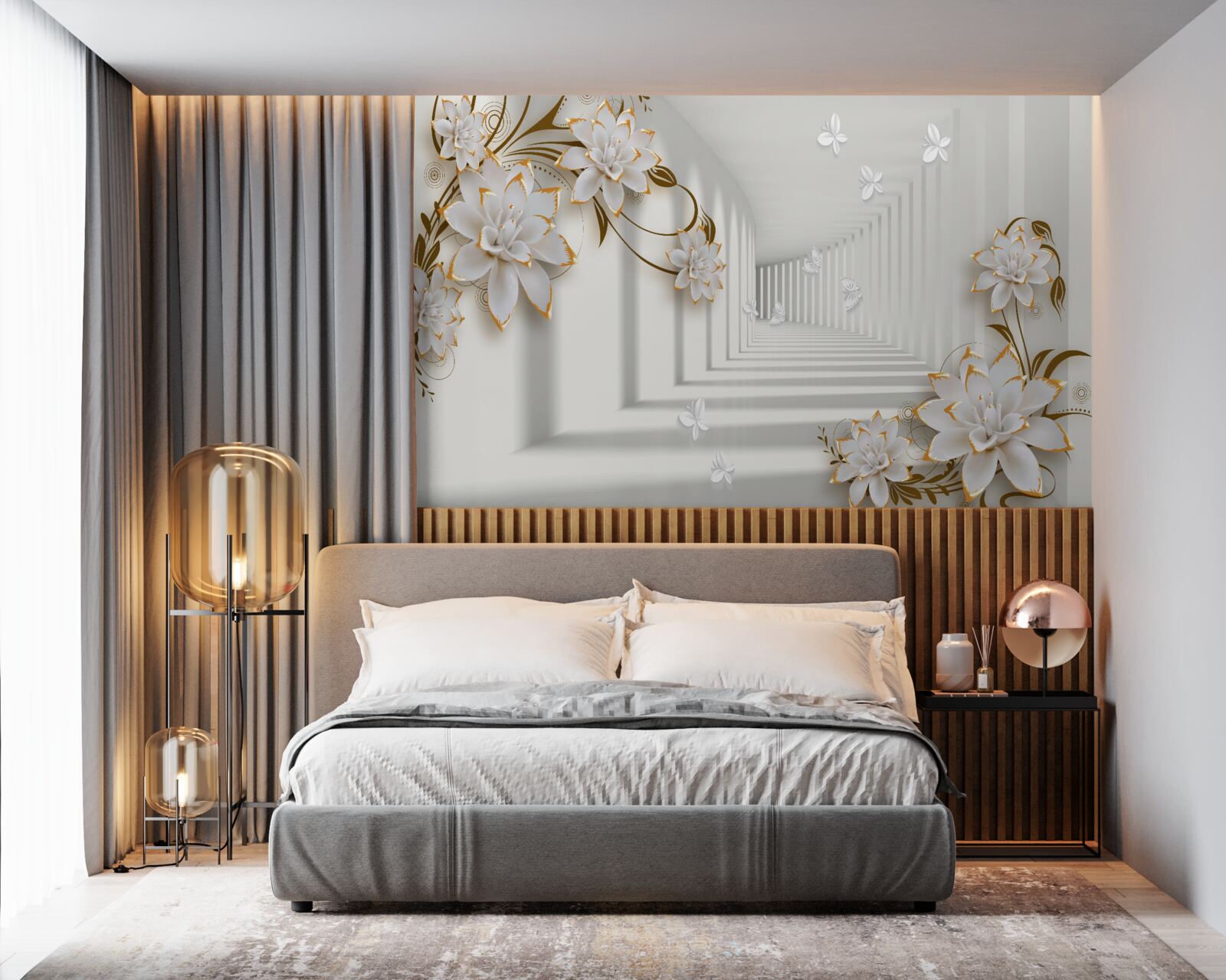 Fototapeta elegantná chodba v odtieňoch bielej, zdobená zlatými kvetmi