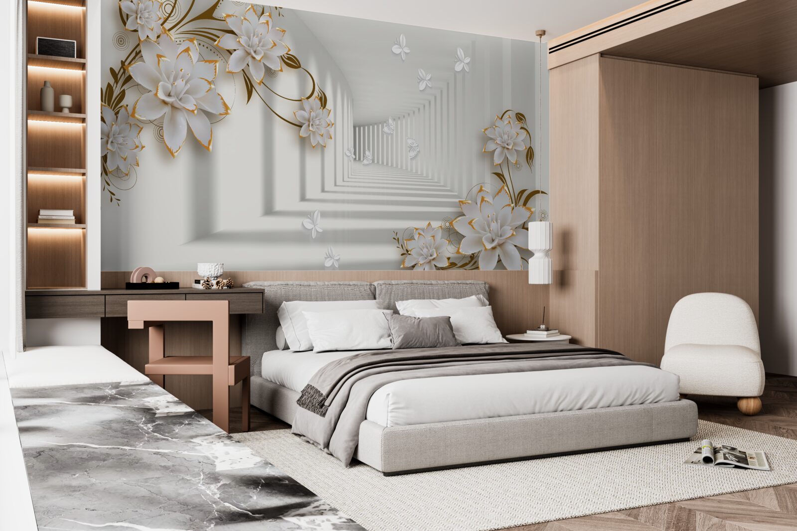 Fototapeta elegantná chodba v odtieňoch bielej, zdobená zlatými kvetmi