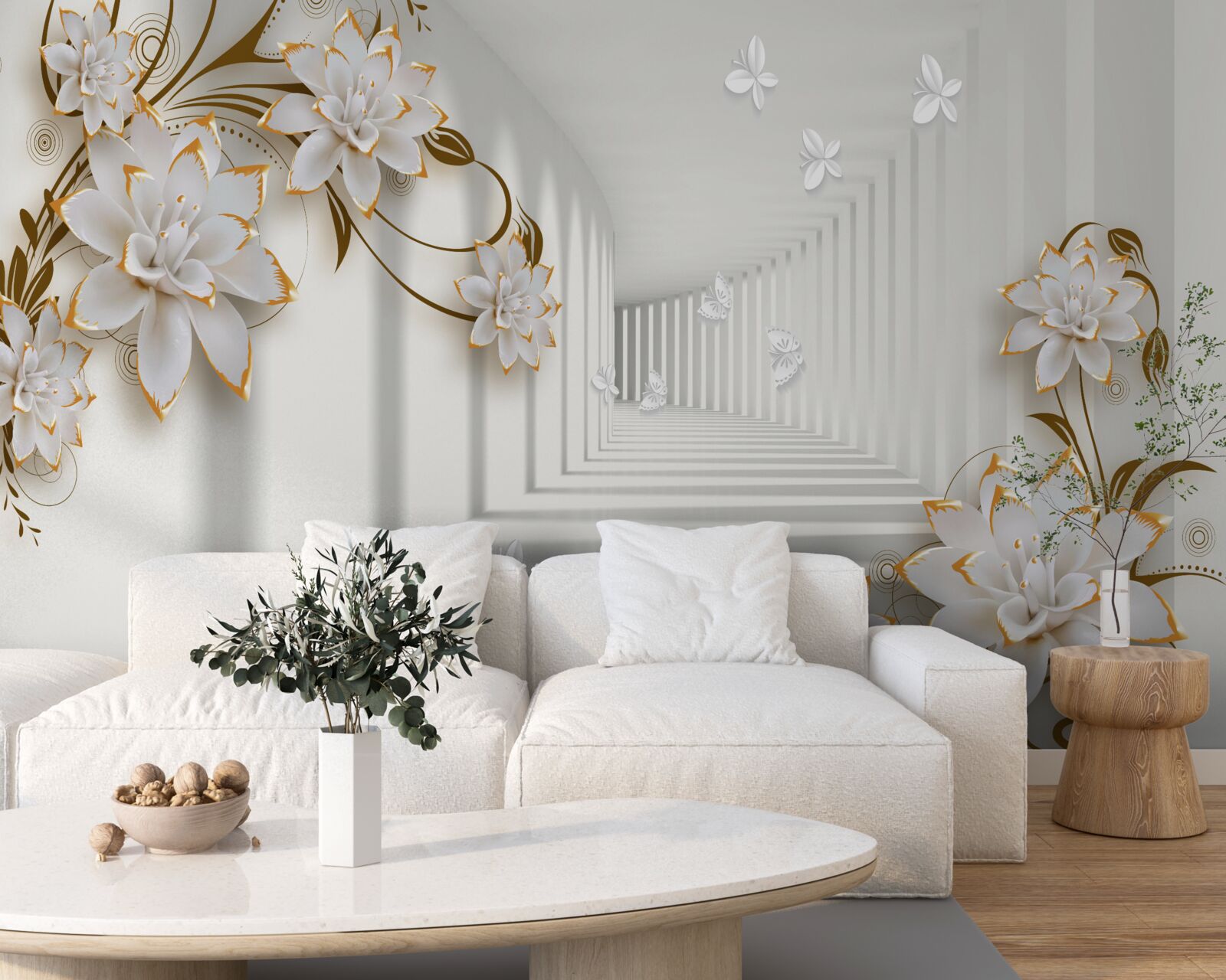 Fototapeta elegantná chodba v odtieňoch bielej, zdobená zlatými kvetmi