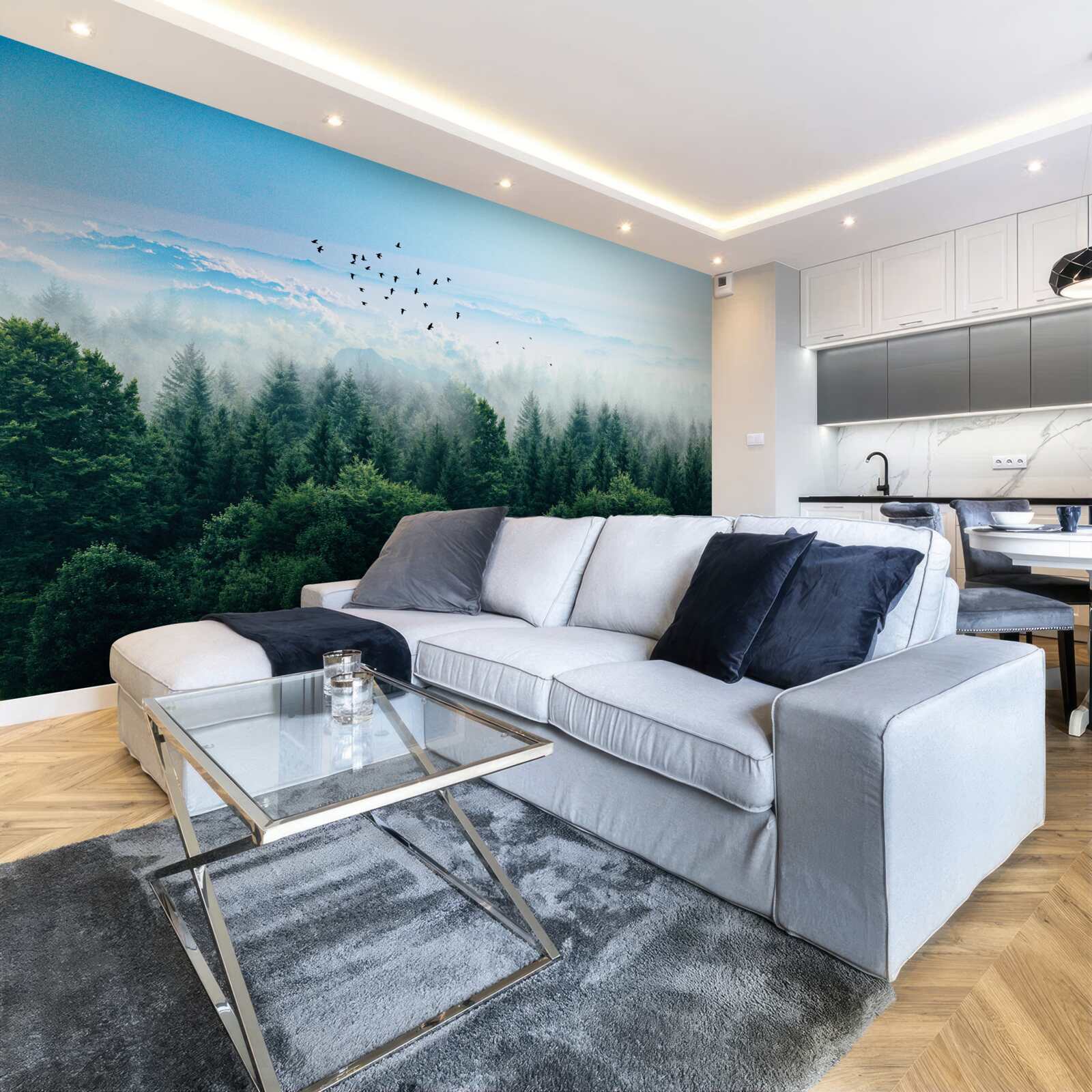 Fototapeta vtáky sa vznášajú vysoko nad korunami lesných obrov