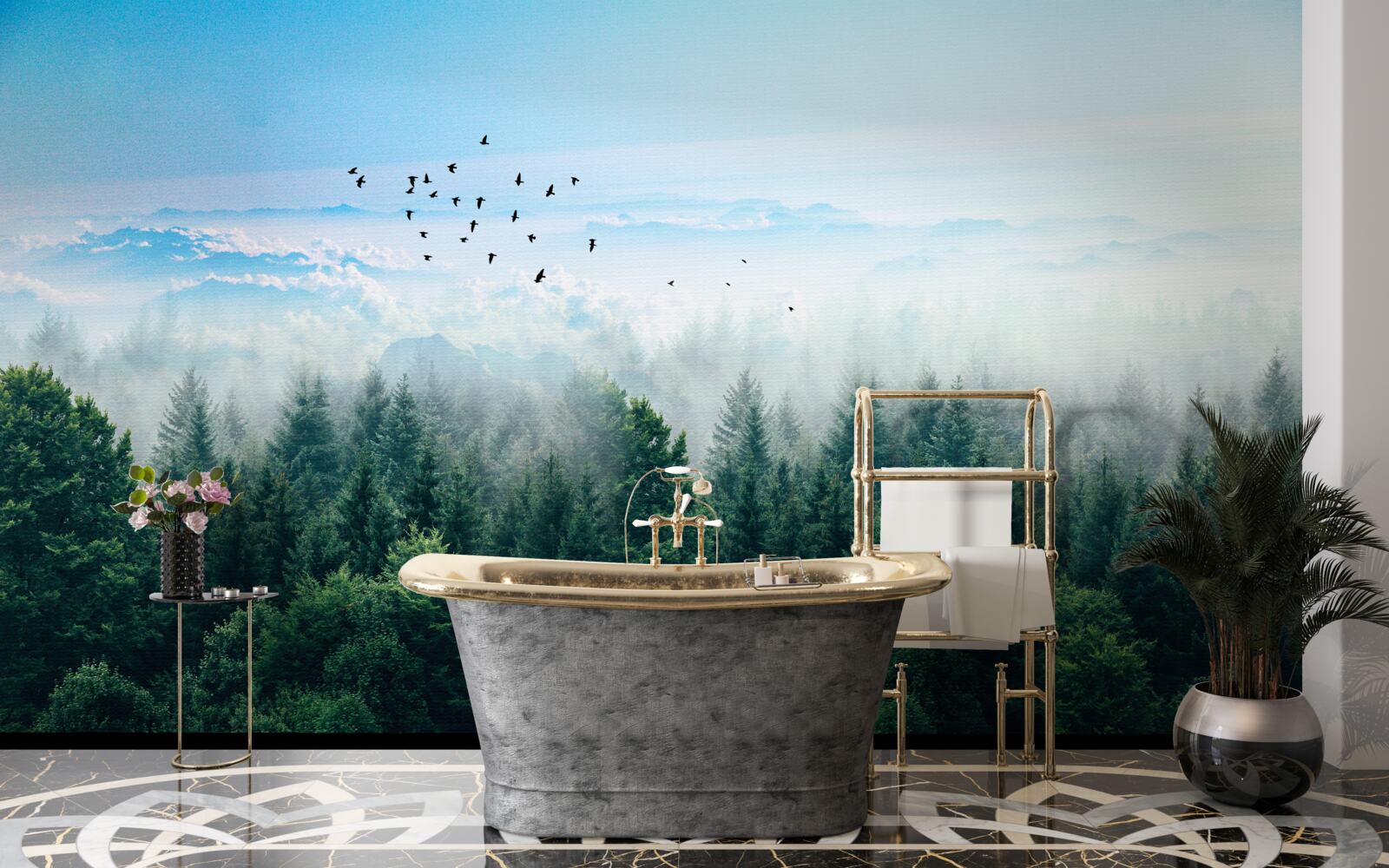 Fototapeta vtáky sa vznášajú vysoko nad korunami lesných obrov