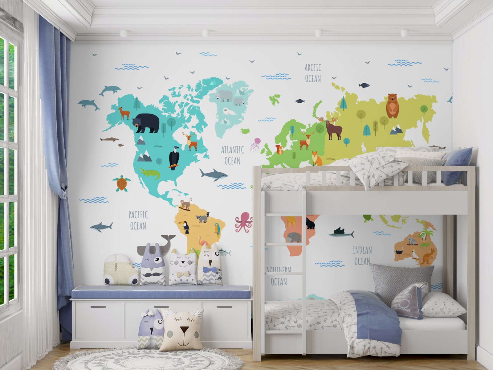 Fototapeta viacfarebná mapa sveta so zástupcami fauny