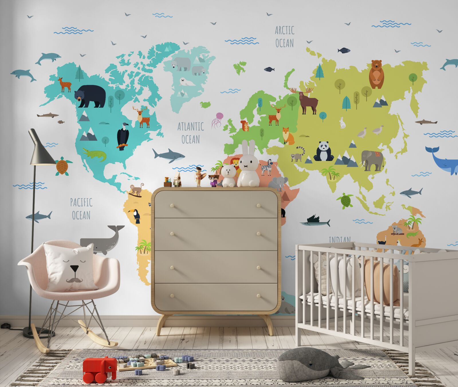 Fototapeta viacfarebná mapa sveta so zástupcami fauny