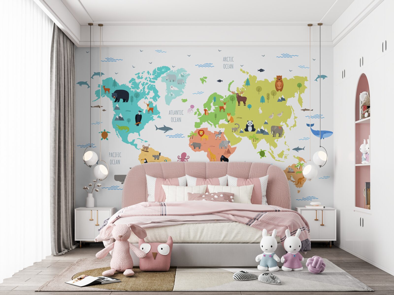 Fototapeta viacfarebná mapa sveta so zástupcami fauny