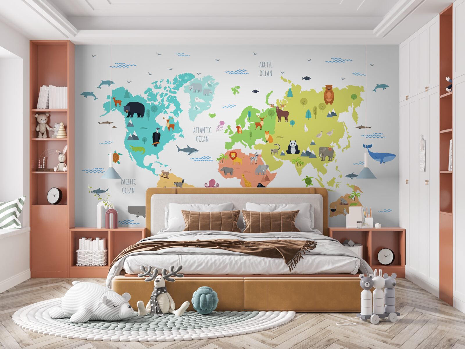 Fototapeta viacfarebná mapa sveta so zástupcami fauny