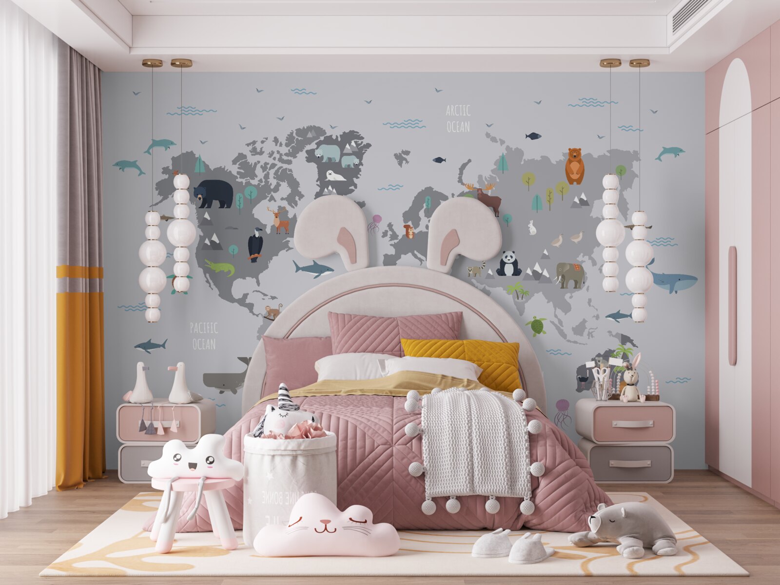 Fototapeta sivá mapa sveta s obrázkami zvierat