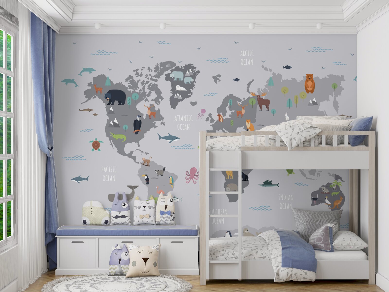 Fototapeta sivá mapa sveta s obrázkami zvierat